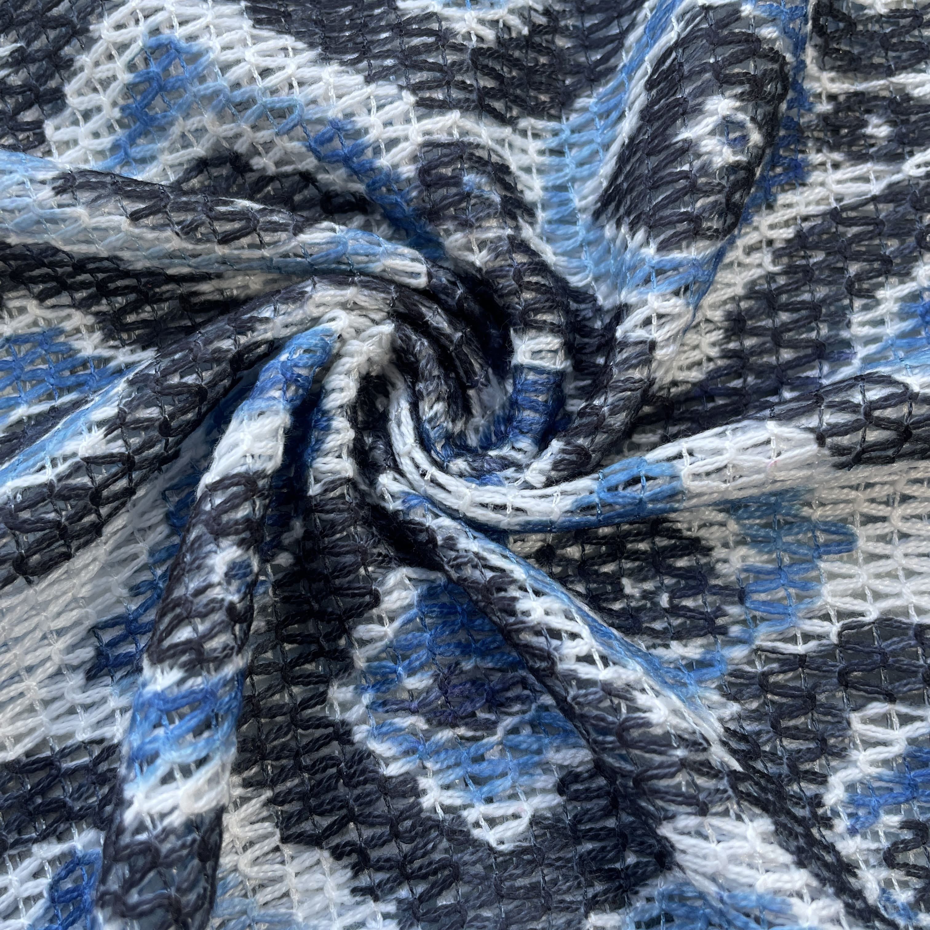 Blue Black Ikkat Print Cotton Crochet Fabric 13602