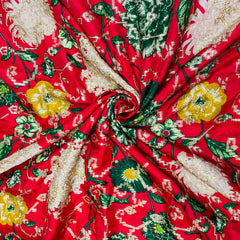 Red Madhubani Print Dola Silk Jacquard Fabric - TradeUNO