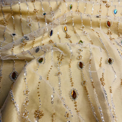 cream cut dana rhinestone turkish work embroidery net fabric