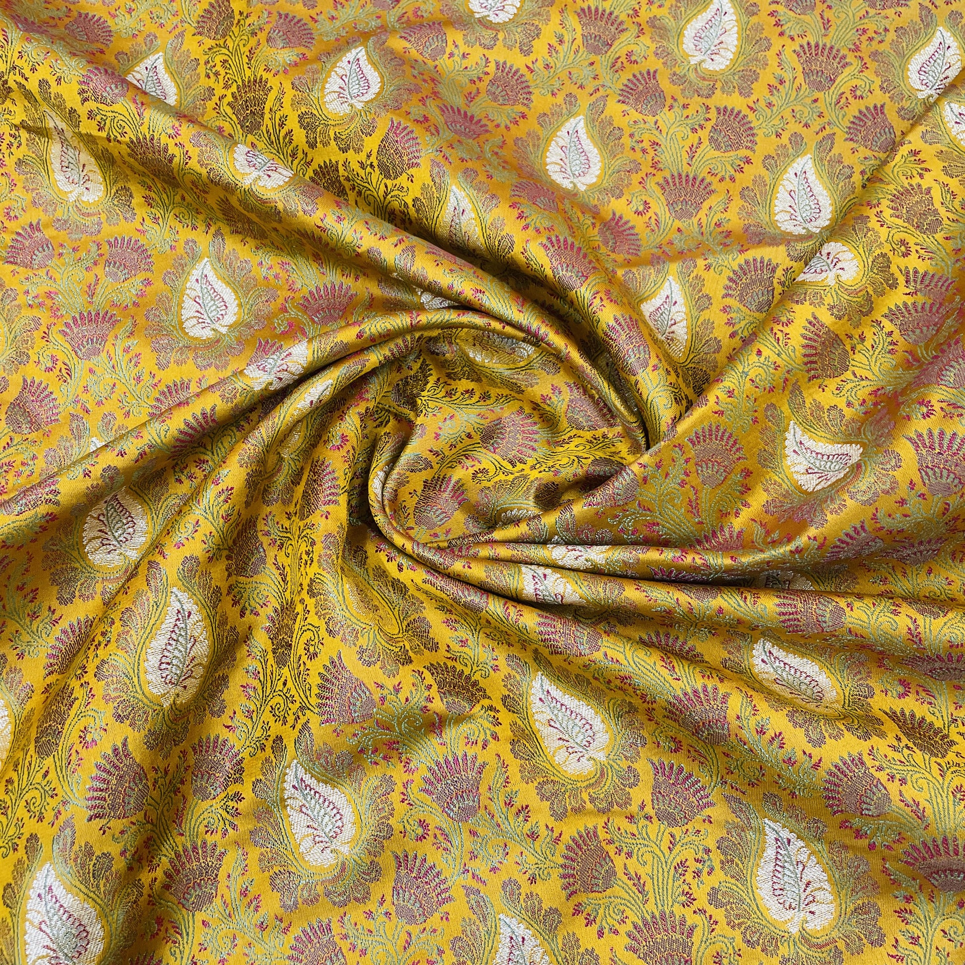 Exclusive Yellow Traditional Print Tanchui Jamewar Silk Fabric
