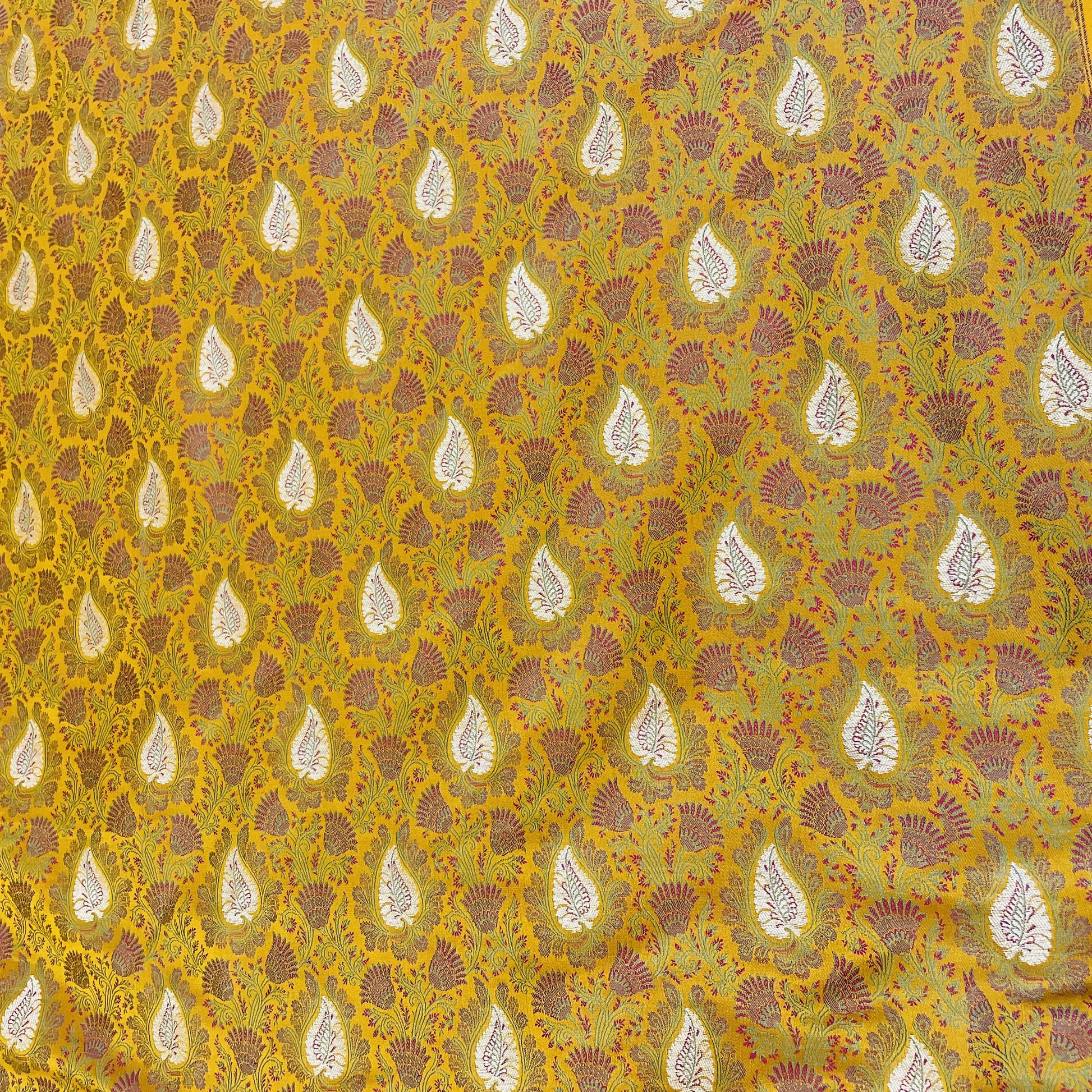 Exclusive Yellow Traditional Print Tanchui Jamewar Silk Fabric
