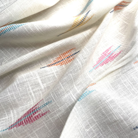 Premium OffWhite Green Multicolor Ikkat Dobby Embroidery Dyeable Cotton Fabric