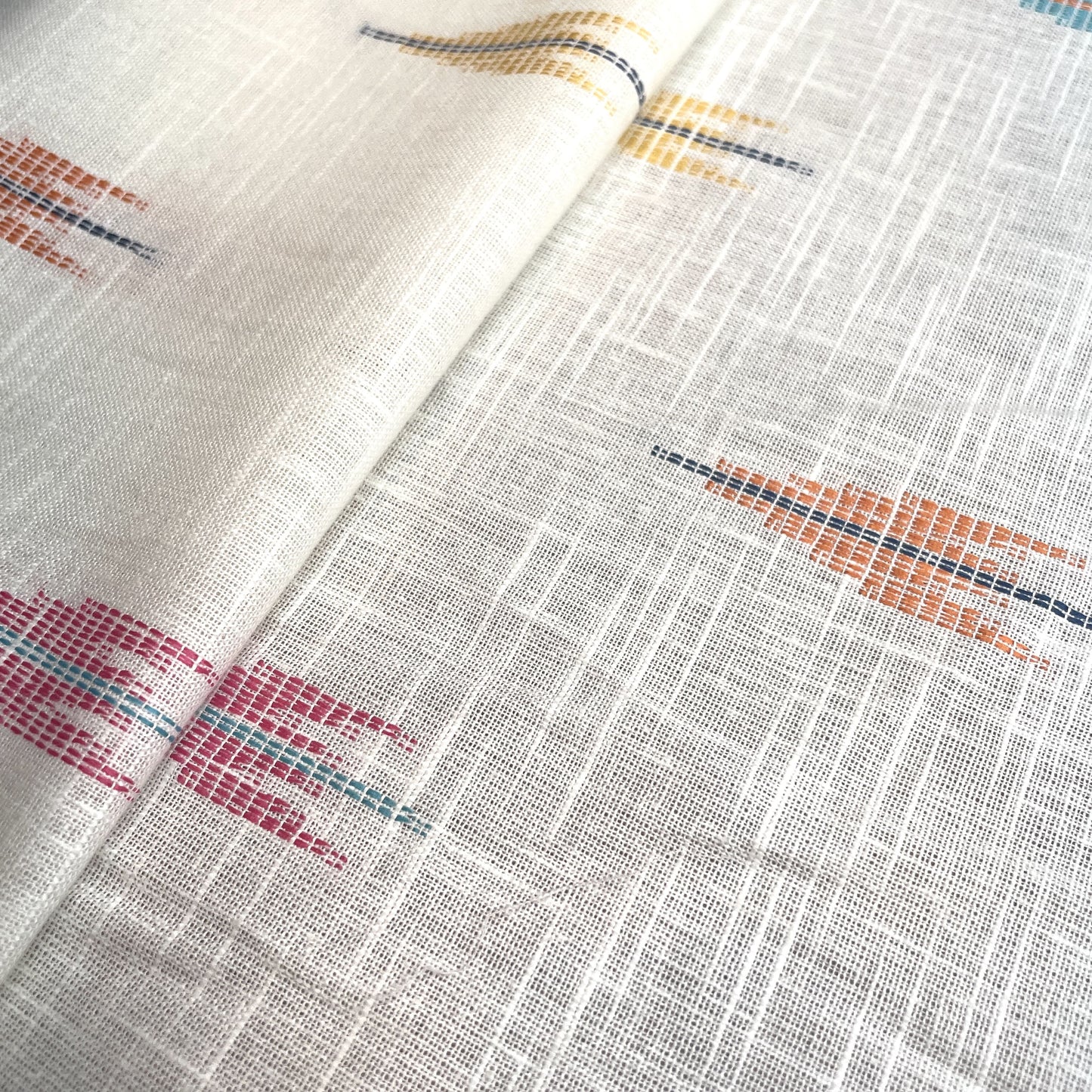 Premium OffWhite Green Multicolor Ikkat Dobby Embroidery Dyeable Cotton Fabric