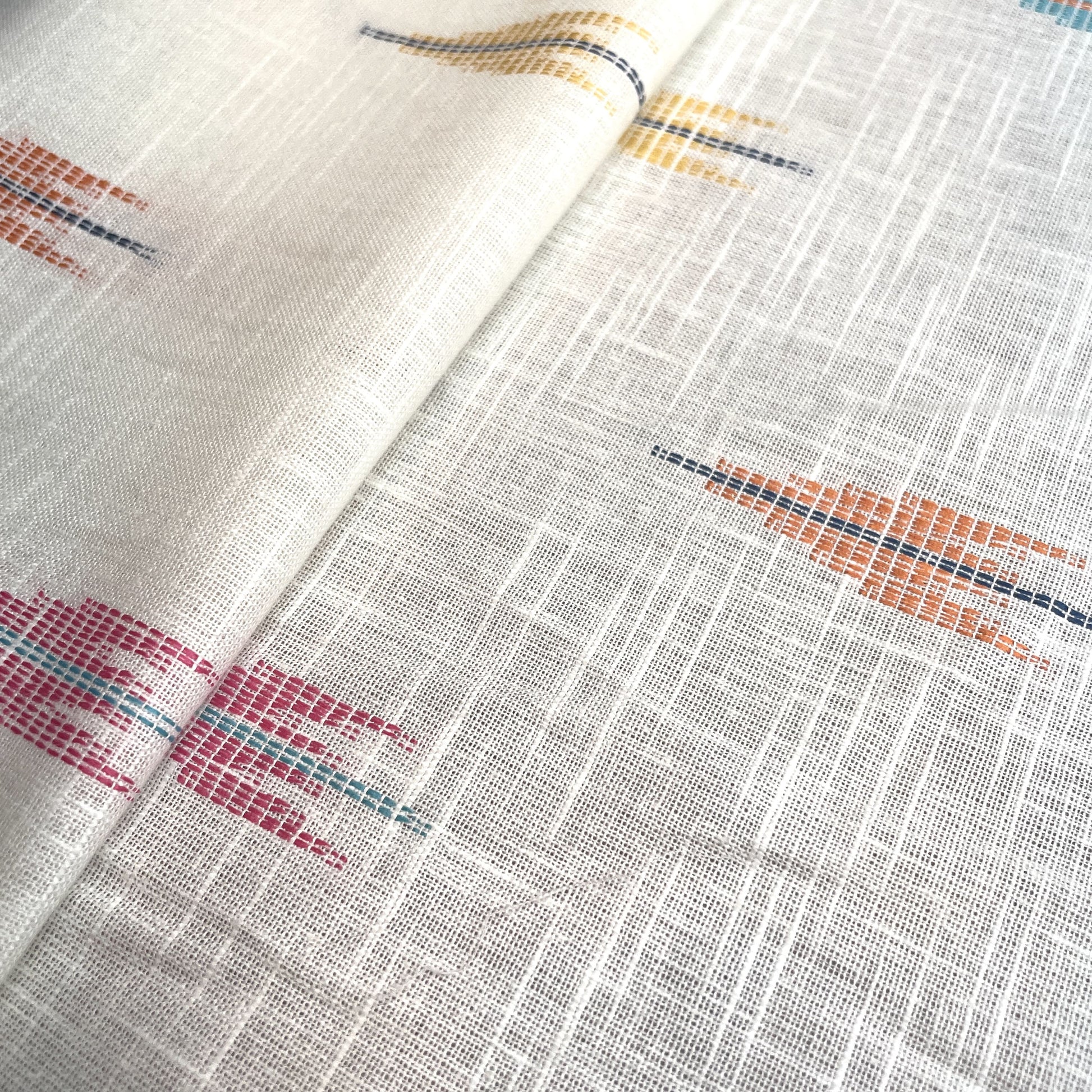 Premium OffWhite Green Multicolor Ikkat Dobby Embroidery Dyeable Cotton Fabric
