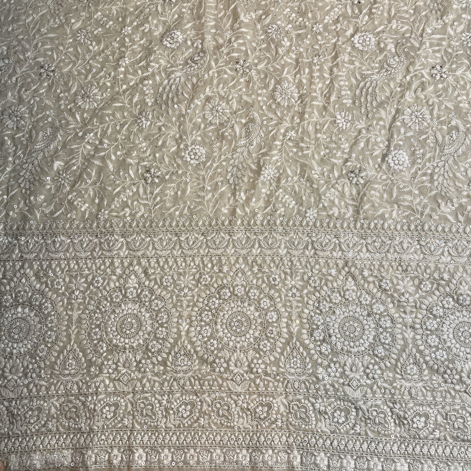 Premium  Cream Floral Sequence Embroidery Georgette Chikankari Fabric