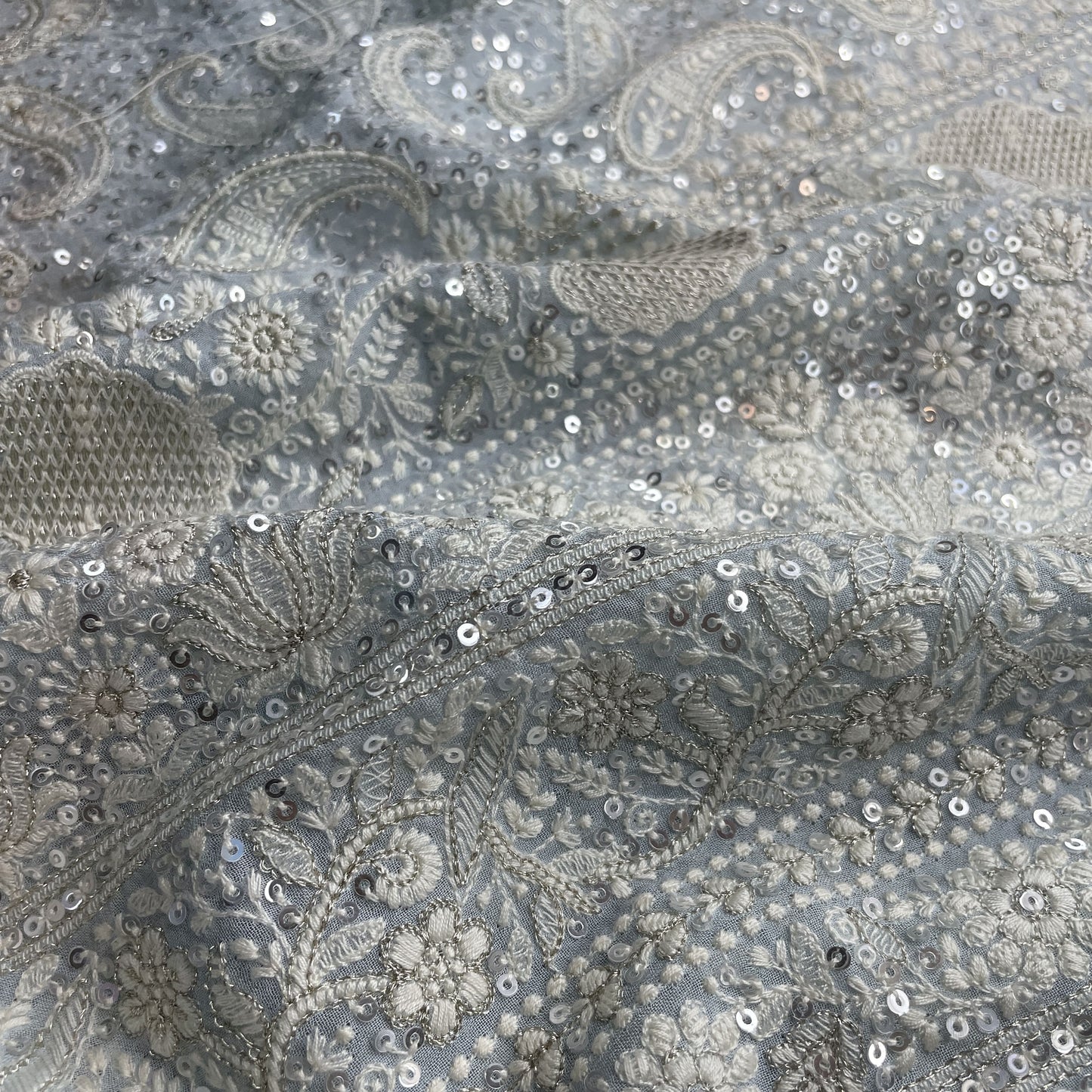 Premium  Sky Blue Paisley Sequence Embroidery Georgette Chikankari Fabric