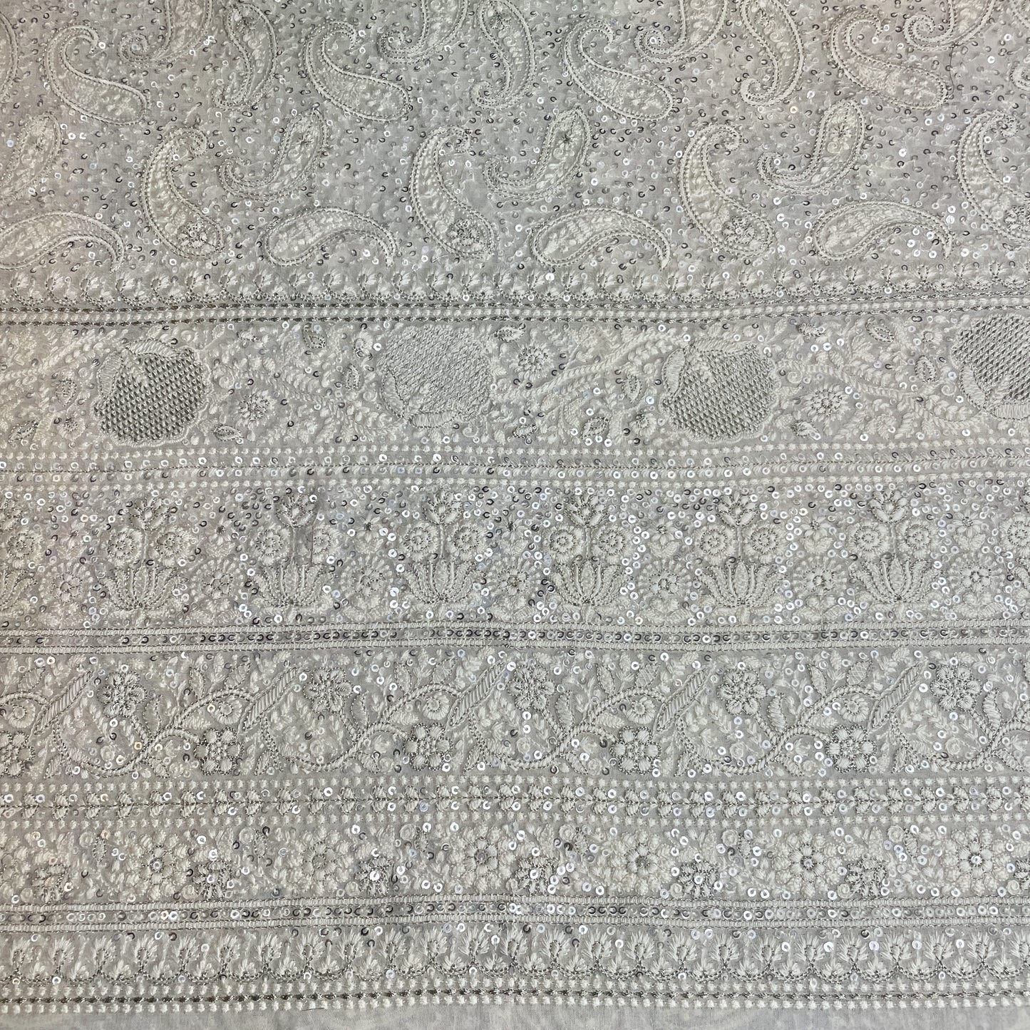 Premium  OffWhite Paisley Sequence Embroidery Georgette Chikankari Fabric