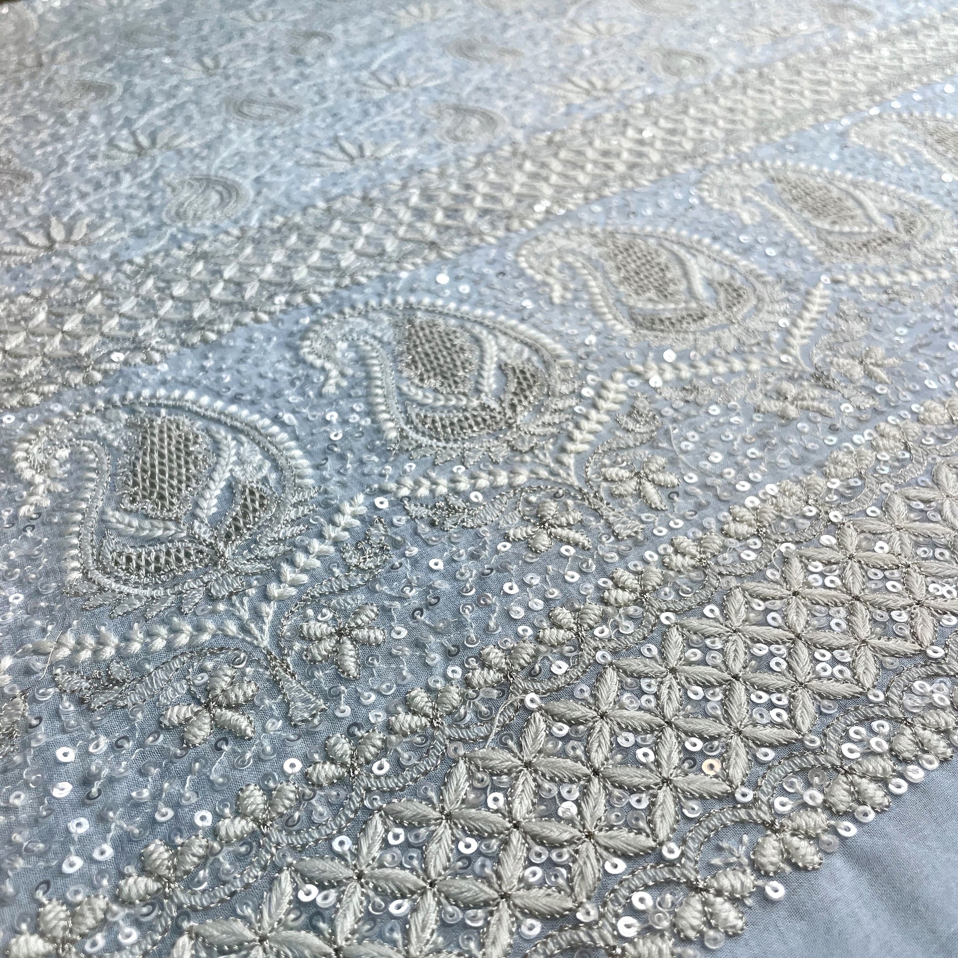 Premium  Sky Blue Floral Paisley Sequence Embroidery Georgette Chikankari Fabric