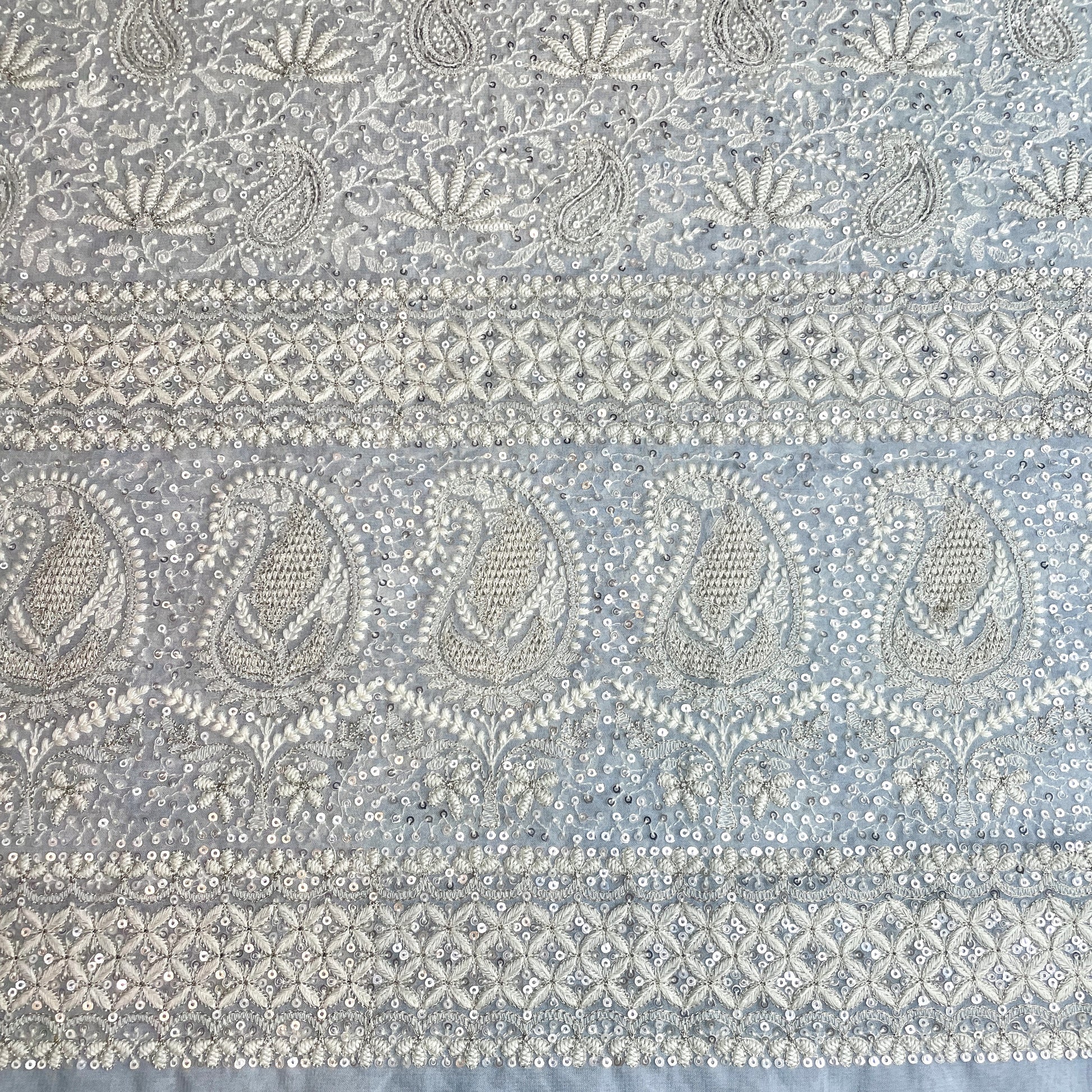 Premium  Sky Blue Floral Paisley Sequence Embroidery Georgette Chikankari Fabric