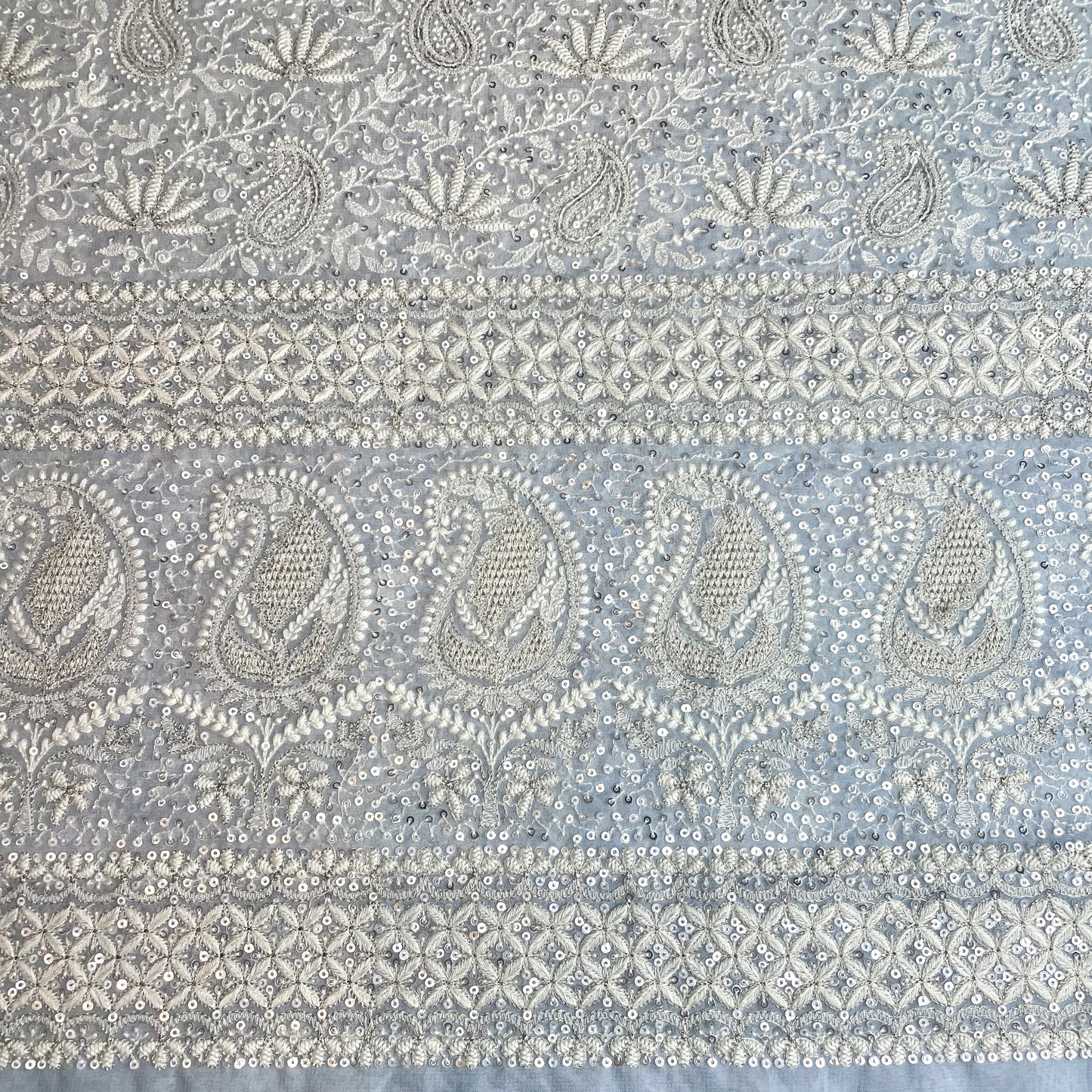 Premium  Sky Blue Floral Paisley Sequence Embroidery Georgette Chikankari Fabric
