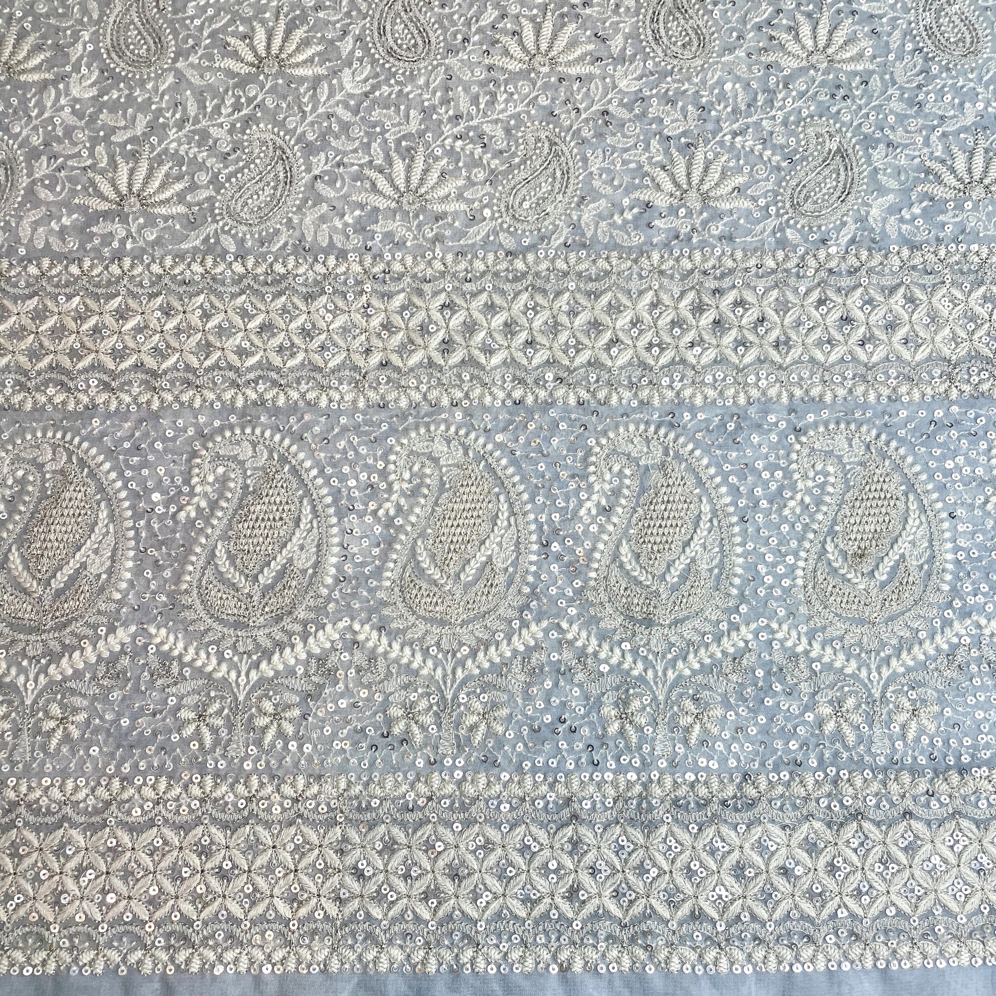 Premium  Sky Blue Floral Paisley Sequence Embroidery Georgette Chikankari Fabric