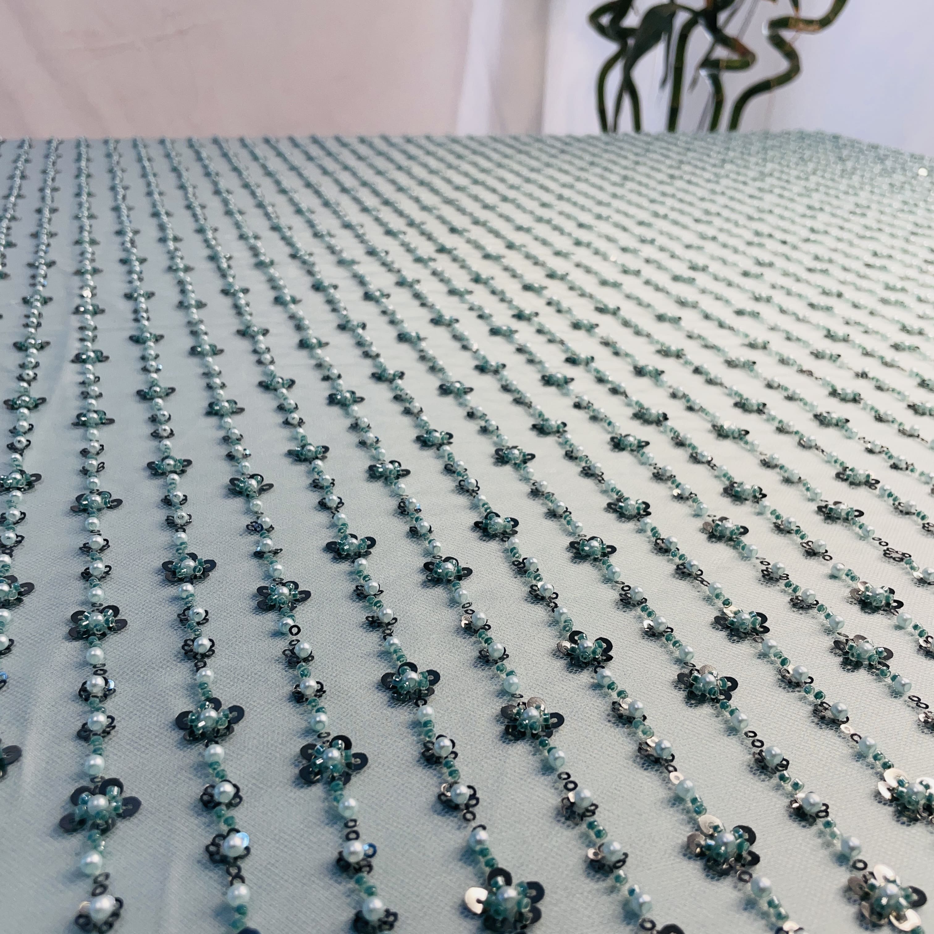 Premium Glacler Green Stripes Pearl Sequins CutDana Embroidery Net Fabric