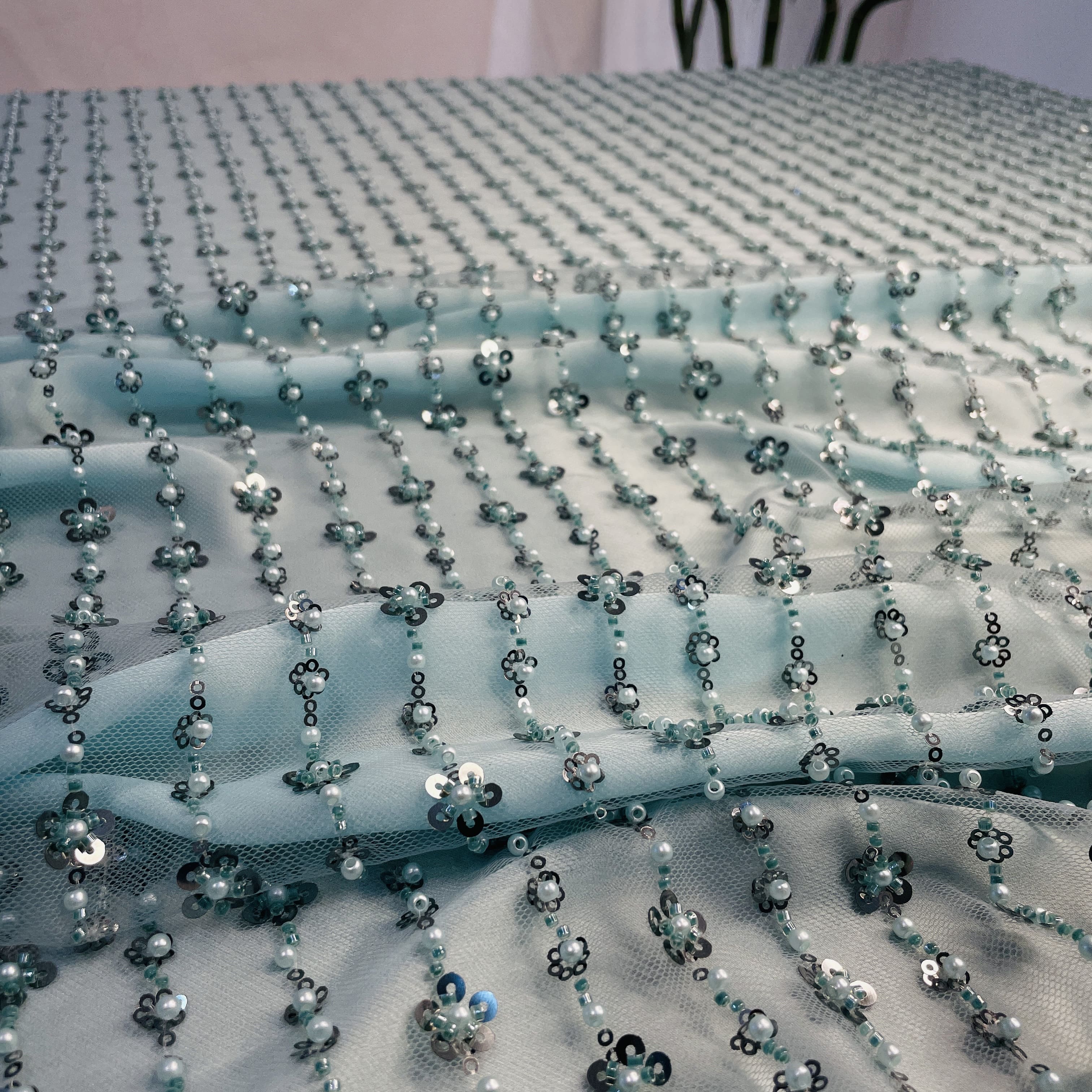 Premium Glacler Green Stripes Pearl Sequins CutDana Embroidery Net Fabric