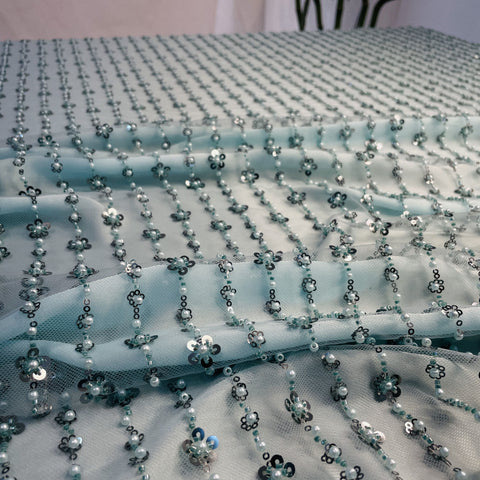 Premium Glacler Green Stripes Pearl Sequins CutDana Embroidery Net Fabric