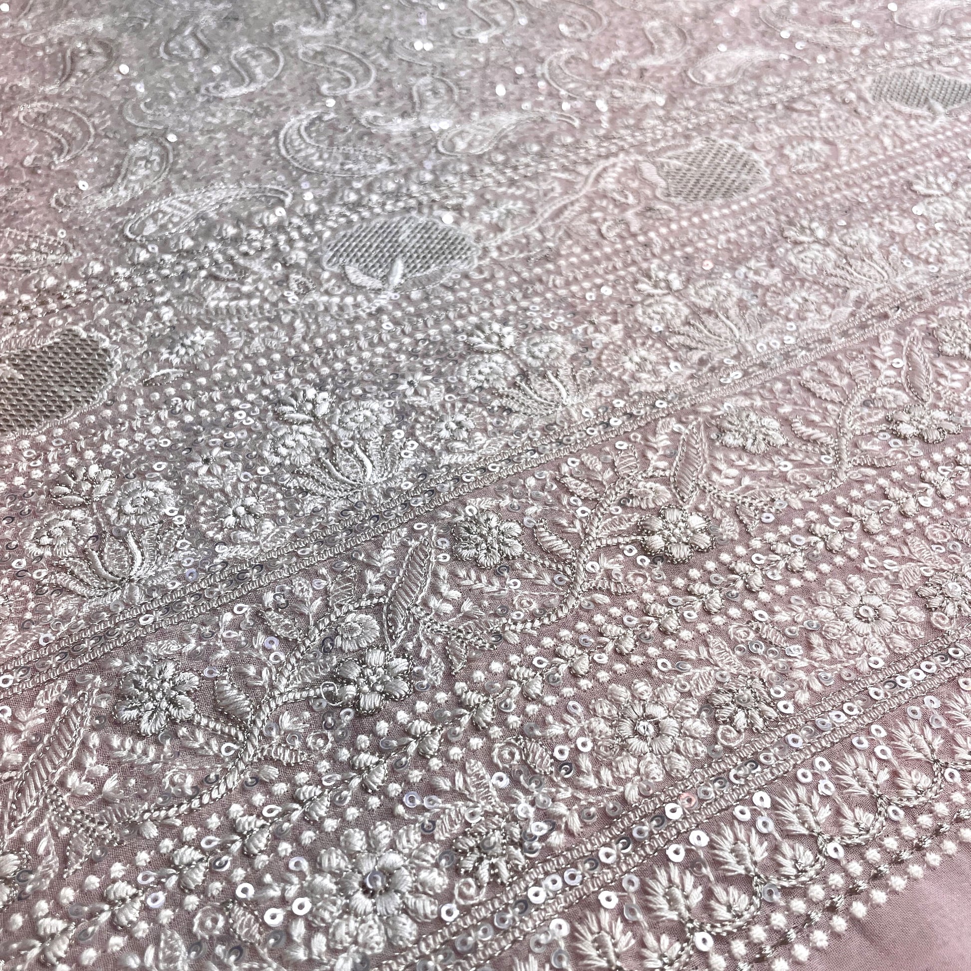 Premium  Pink Paisley Sequence Embroidery Georgette Chikankari Fabric