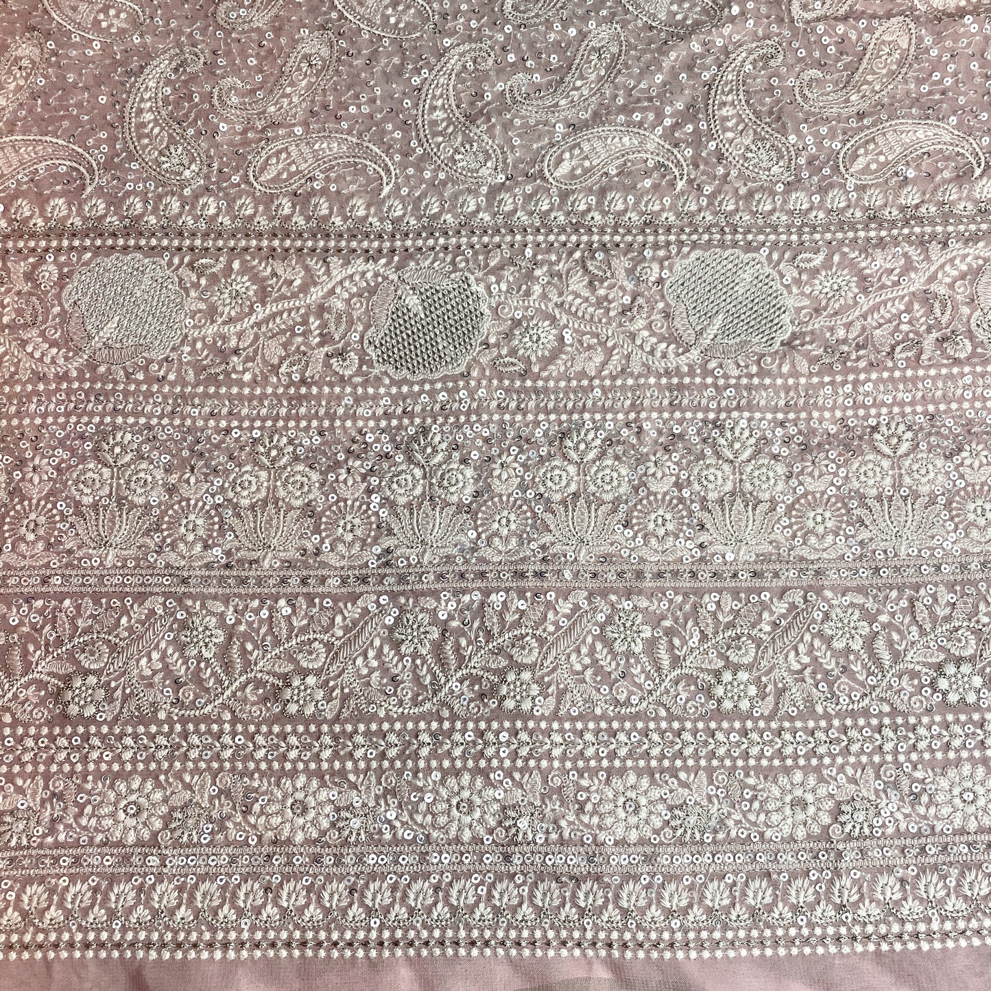 Premium  Pink Paisley Sequence Embroidery Georgette Chikankari Fabric