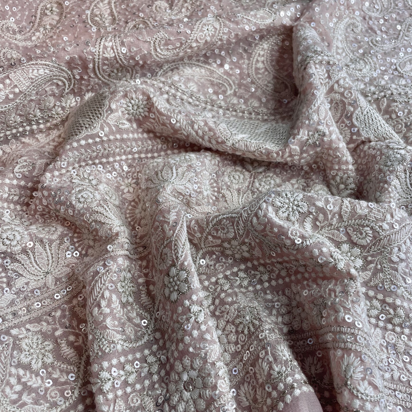 Premium  Pink Paisley Sequence Embroidery Georgette Chikankari Fabric