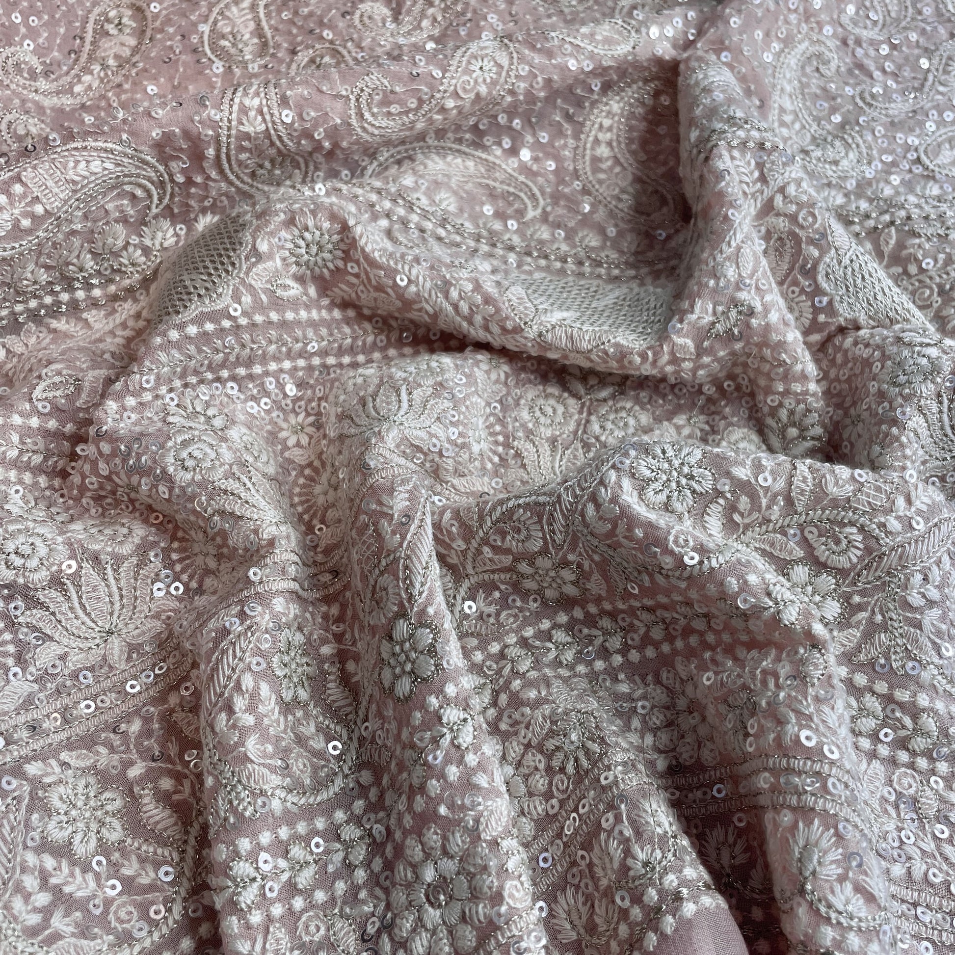 Premium  Pink Paisley Sequence Embroidery Georgette Chikankari Fabric