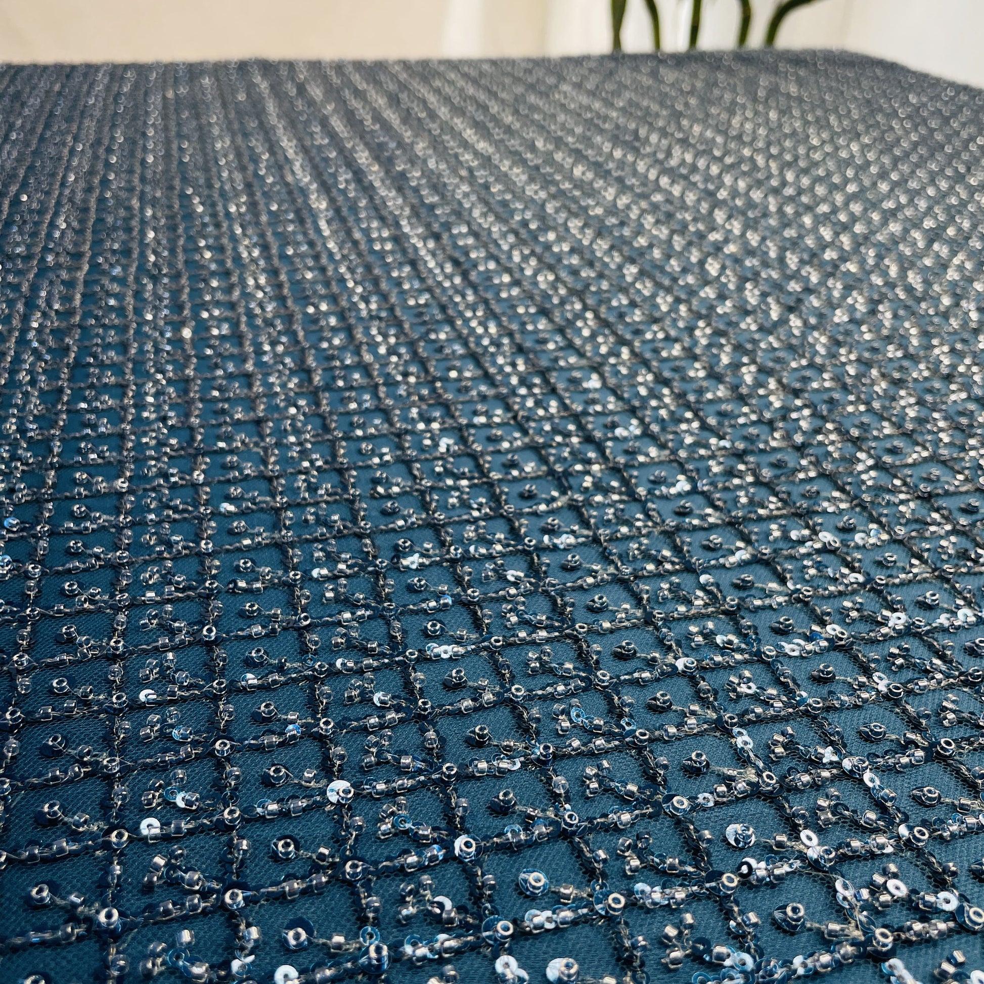 Premium Teal Blue Heavy Sequins CutDana Embroidery Net Fabric