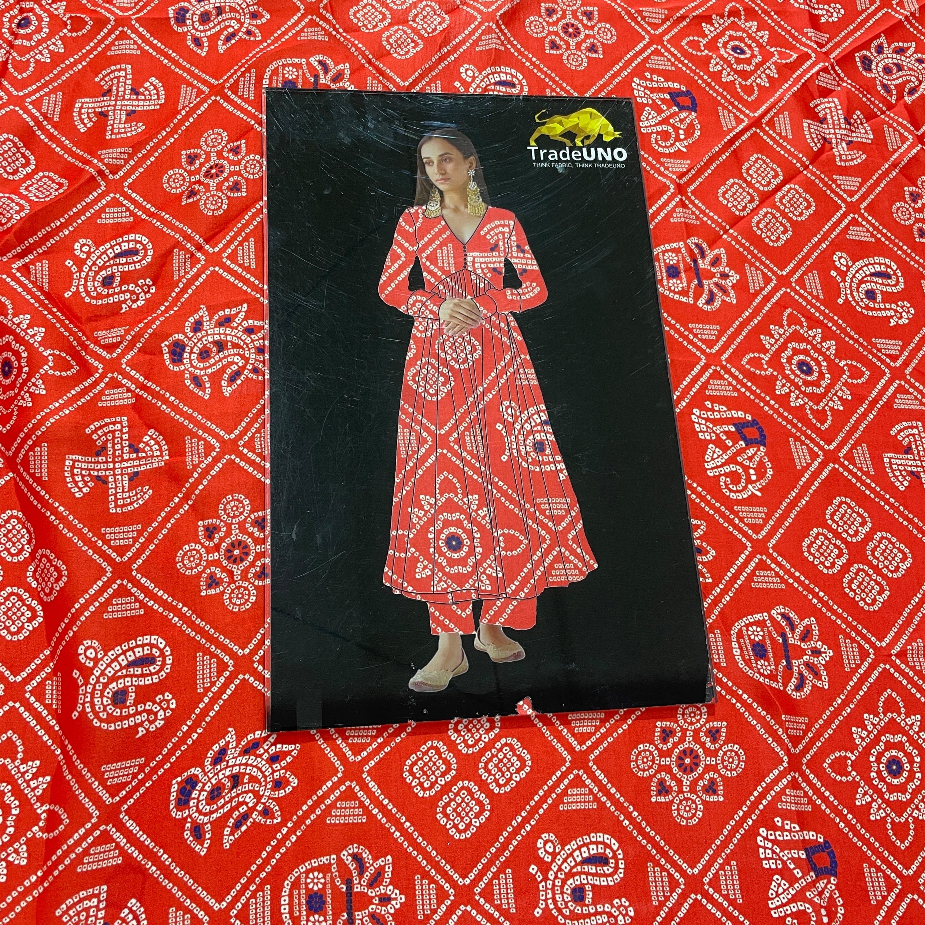Red Traditional Print Georgette Satin Fabric - TradeUNO
