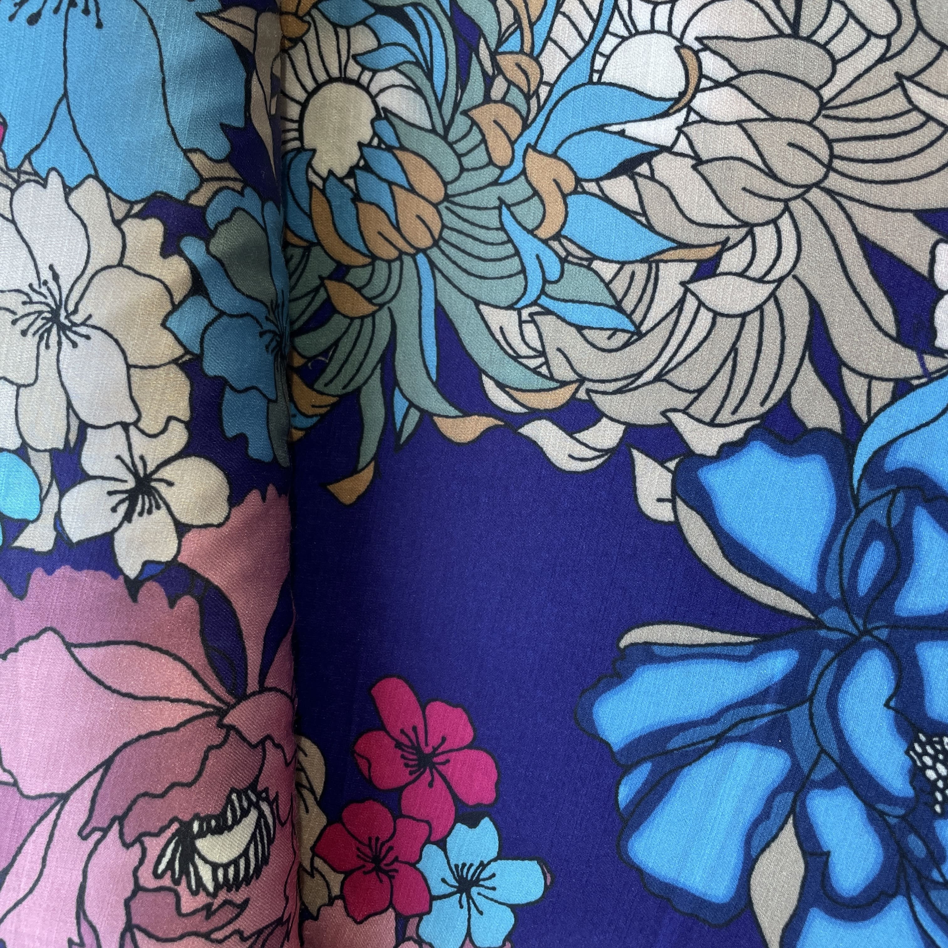 Blue Multicolor Floral Linen Satin Fabric 15431