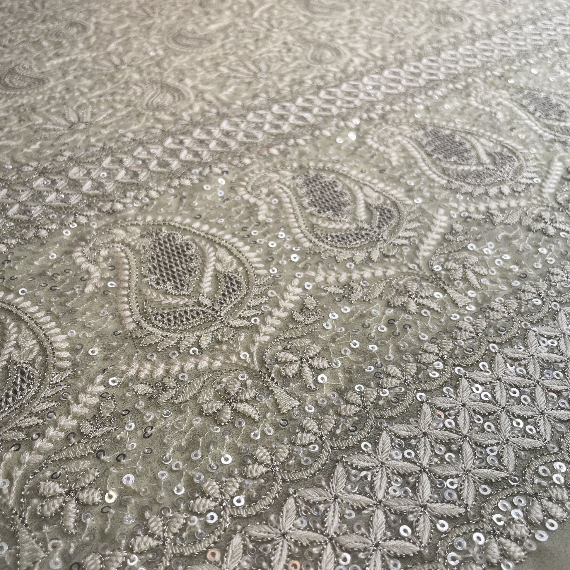 Premium  Olive Green Floral Paisley Sequence Embroidery Georgette Chikankari Fabric