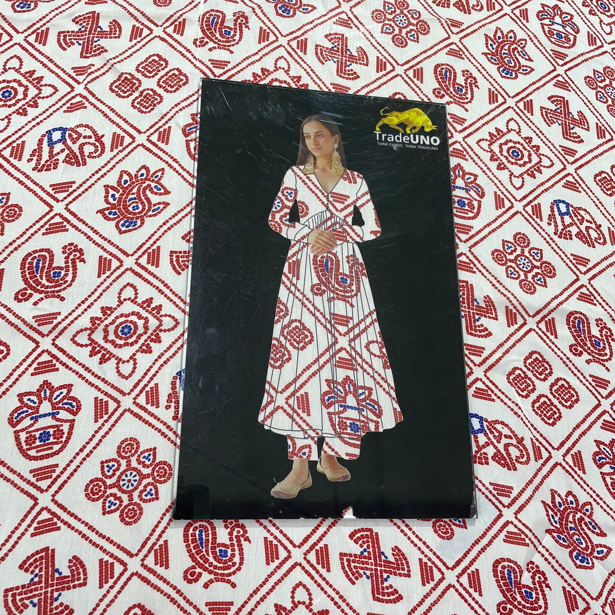 White & Red Traditional Print Georgette Satin Fabric - TradeUNO