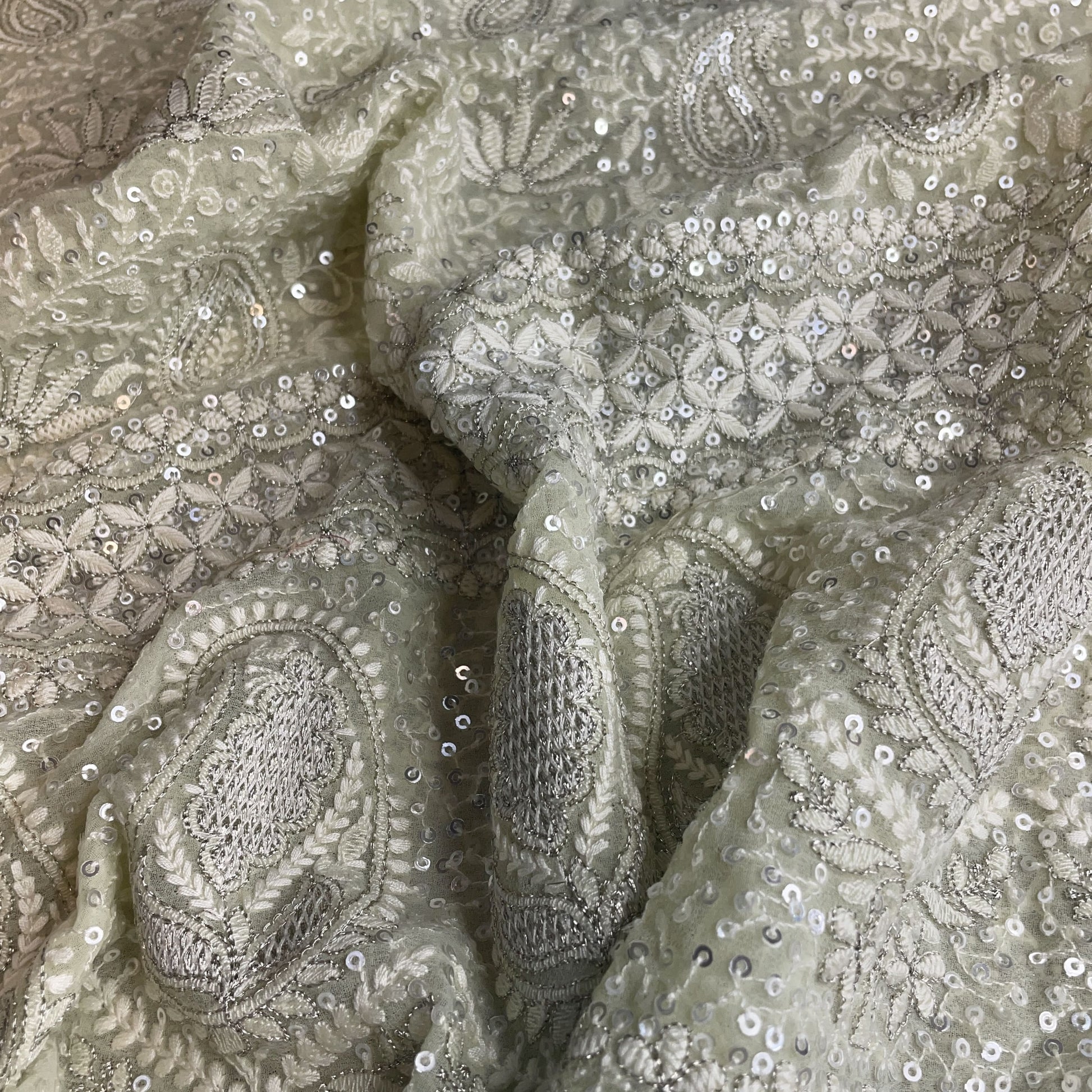 Premium  Olive Green Floral Paisley Sequence Embroidery Georgette Chikankari Fabric