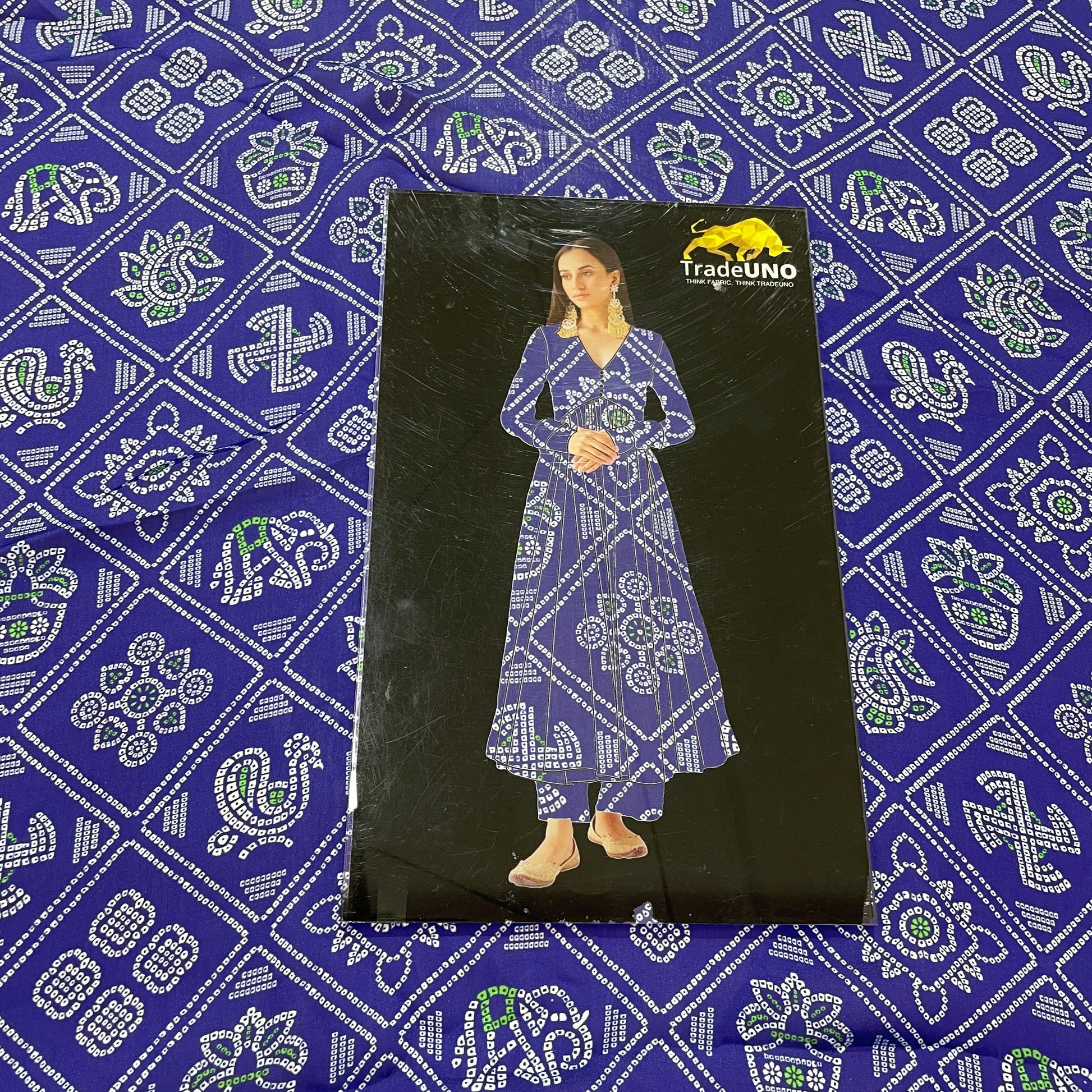 Dark Blue Traditional Print Georgette Satin Fabric - TradeUNO