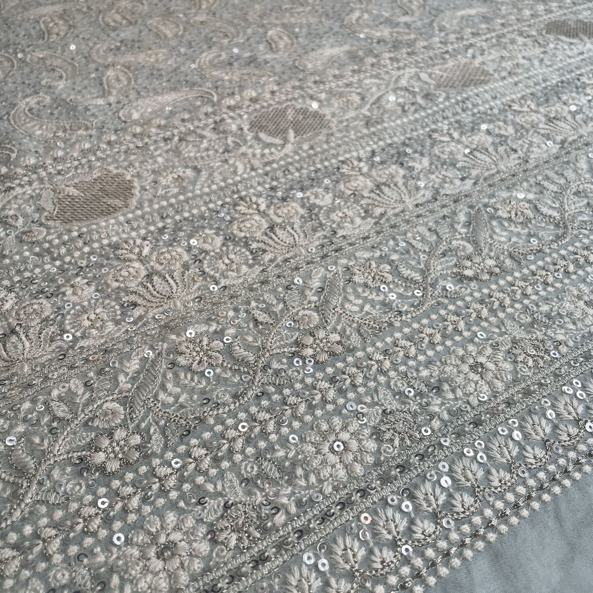 Premium  Mint Green Paisley Sequence Embroidery Georgette Chikankari Fabric