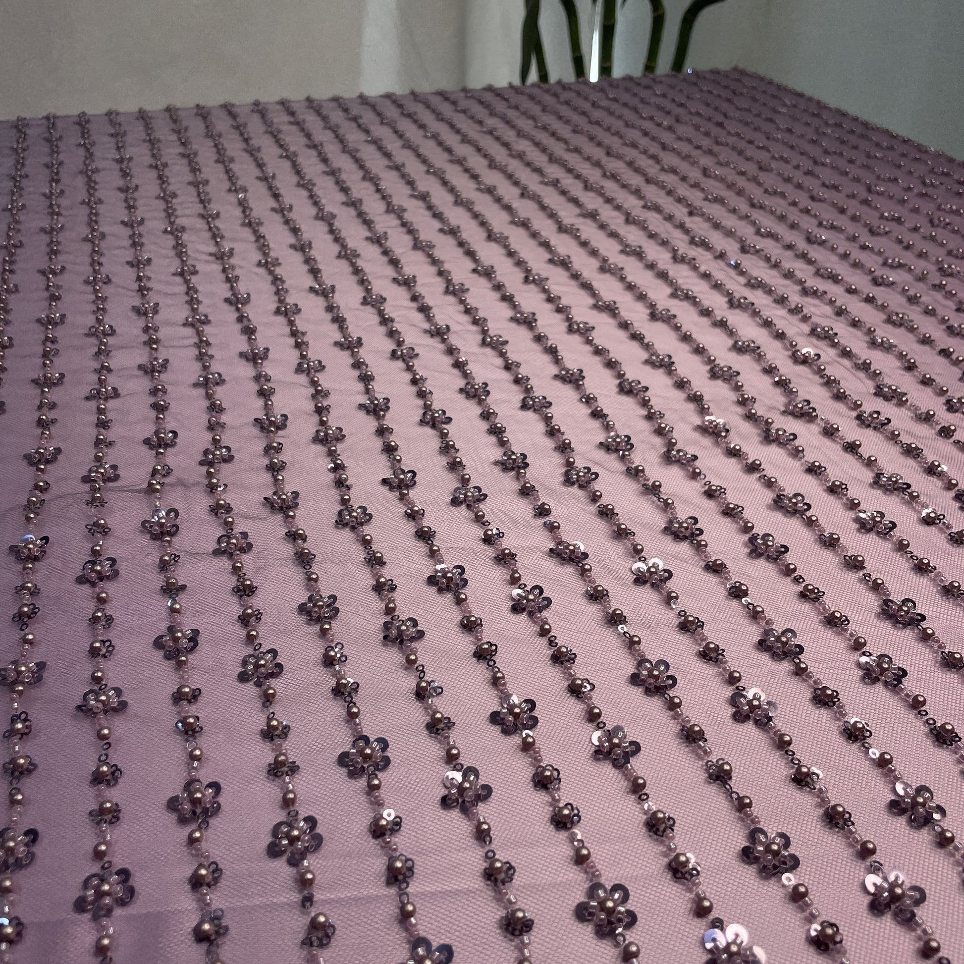 Premium Eggplant Purple Stripes Pearl Sequins CutDana Embroidery Net Fabric