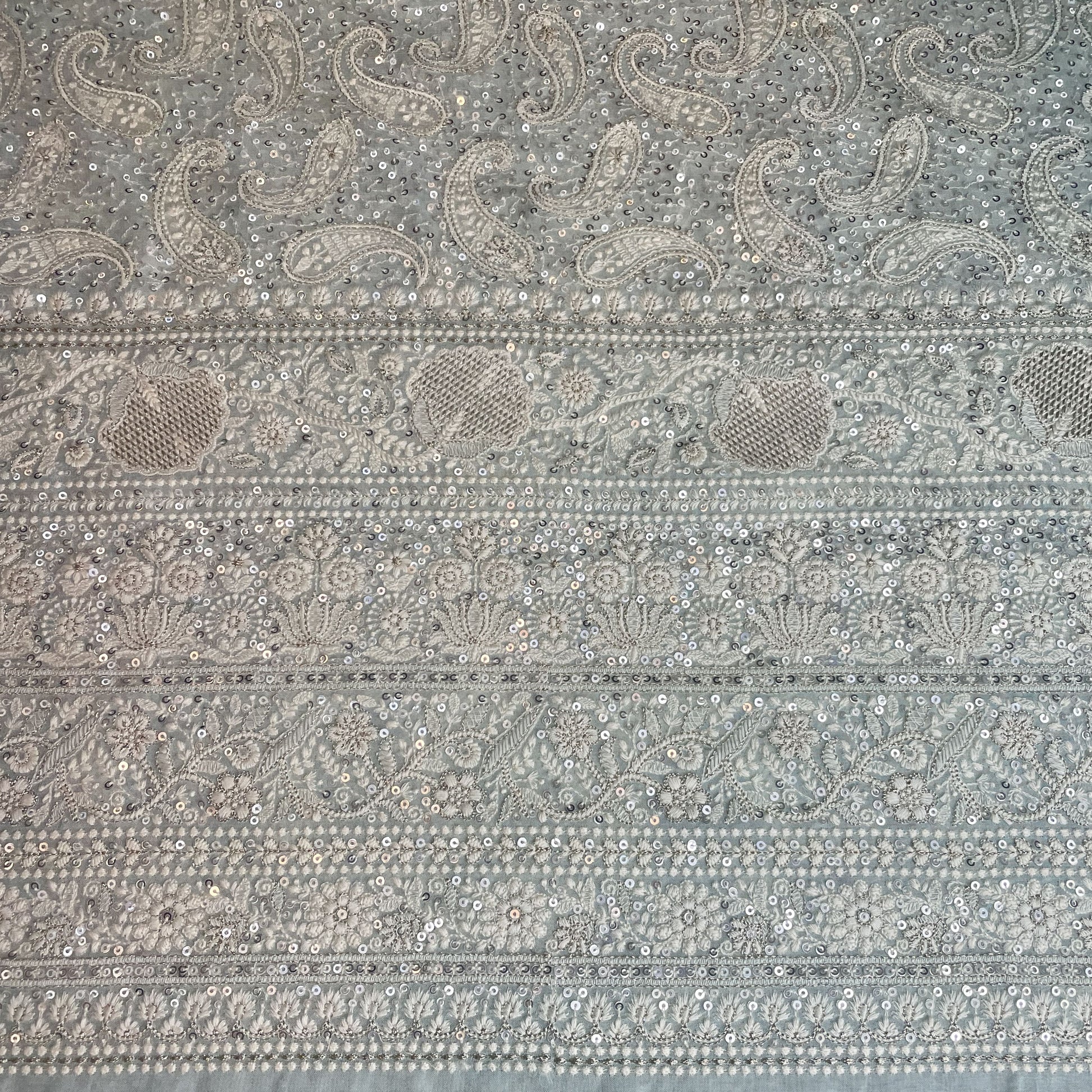 Premium  Mint Green Paisley Sequence Embroidery Georgette Chikankari Fabric