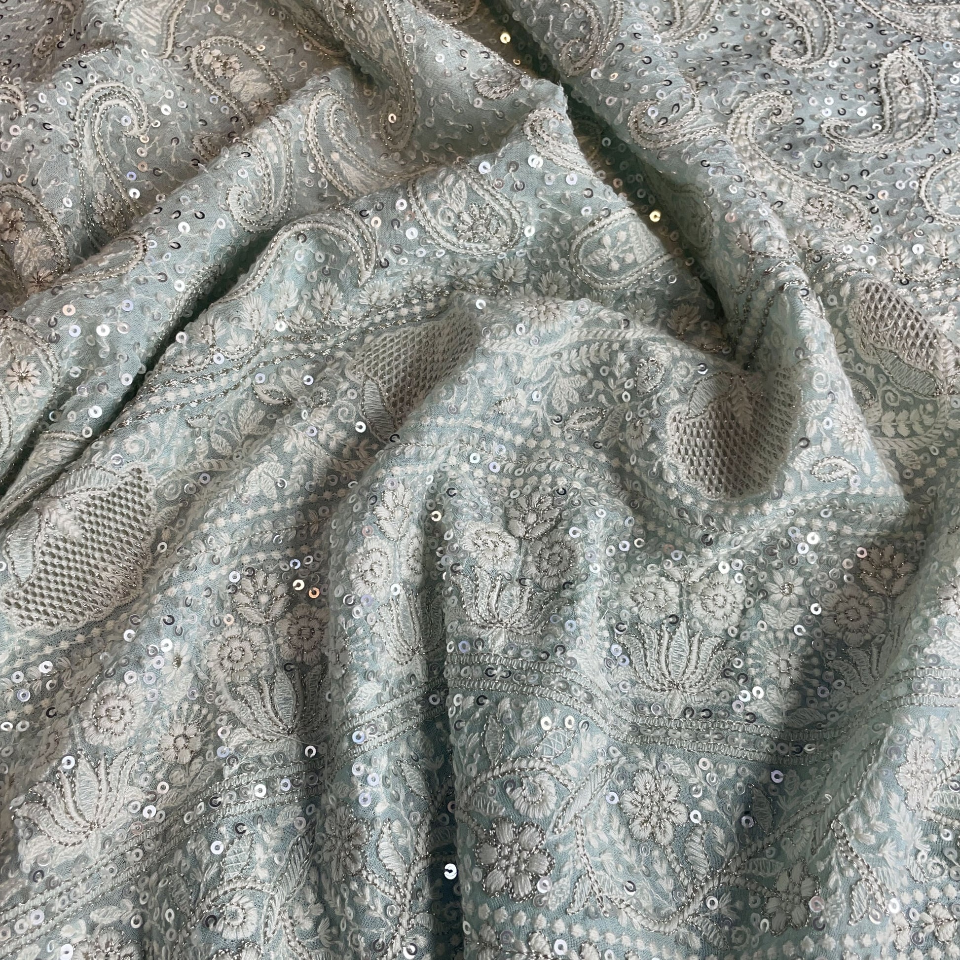Premium  Mint Green Paisley Sequence Embroidery Georgette Chikankari Fabric