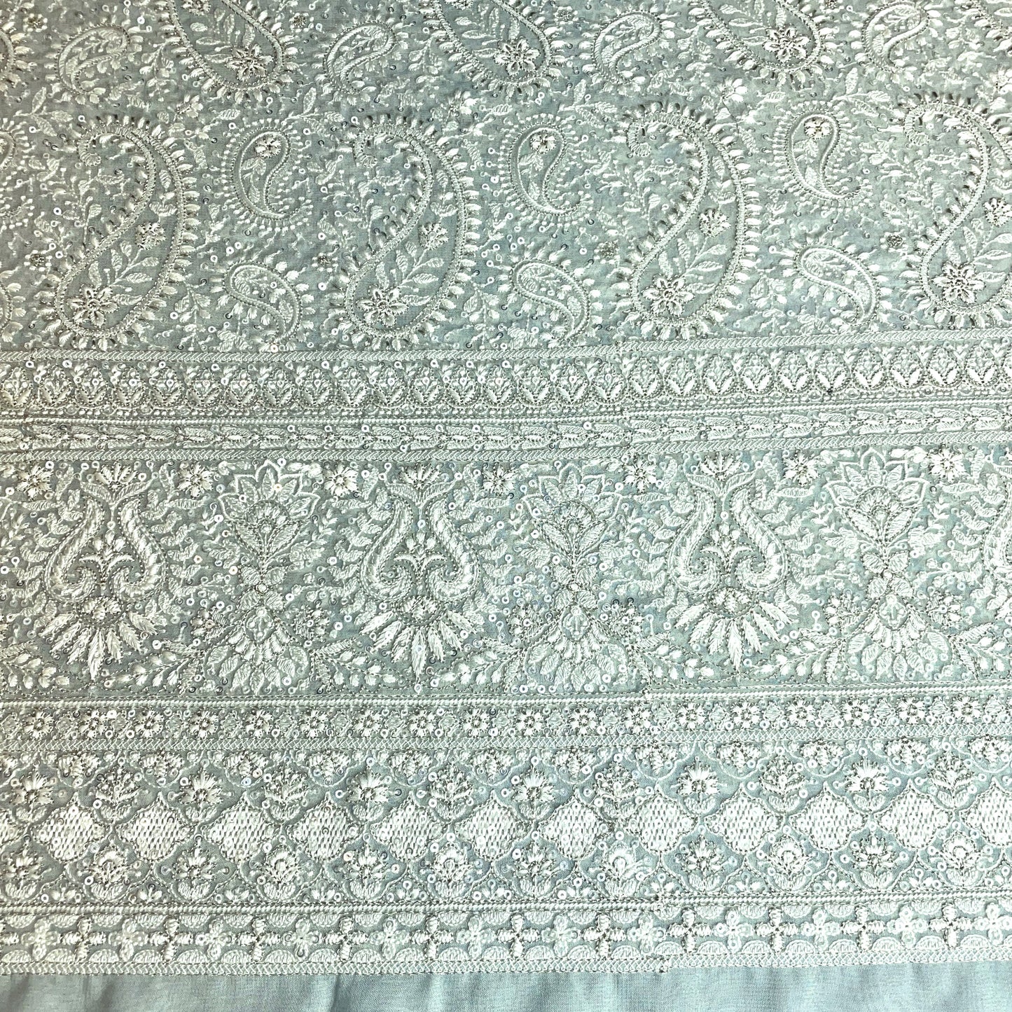 Premium  Sage Green Heavy Paisley Sequence Embroidery Georgette Chikankari Fabric