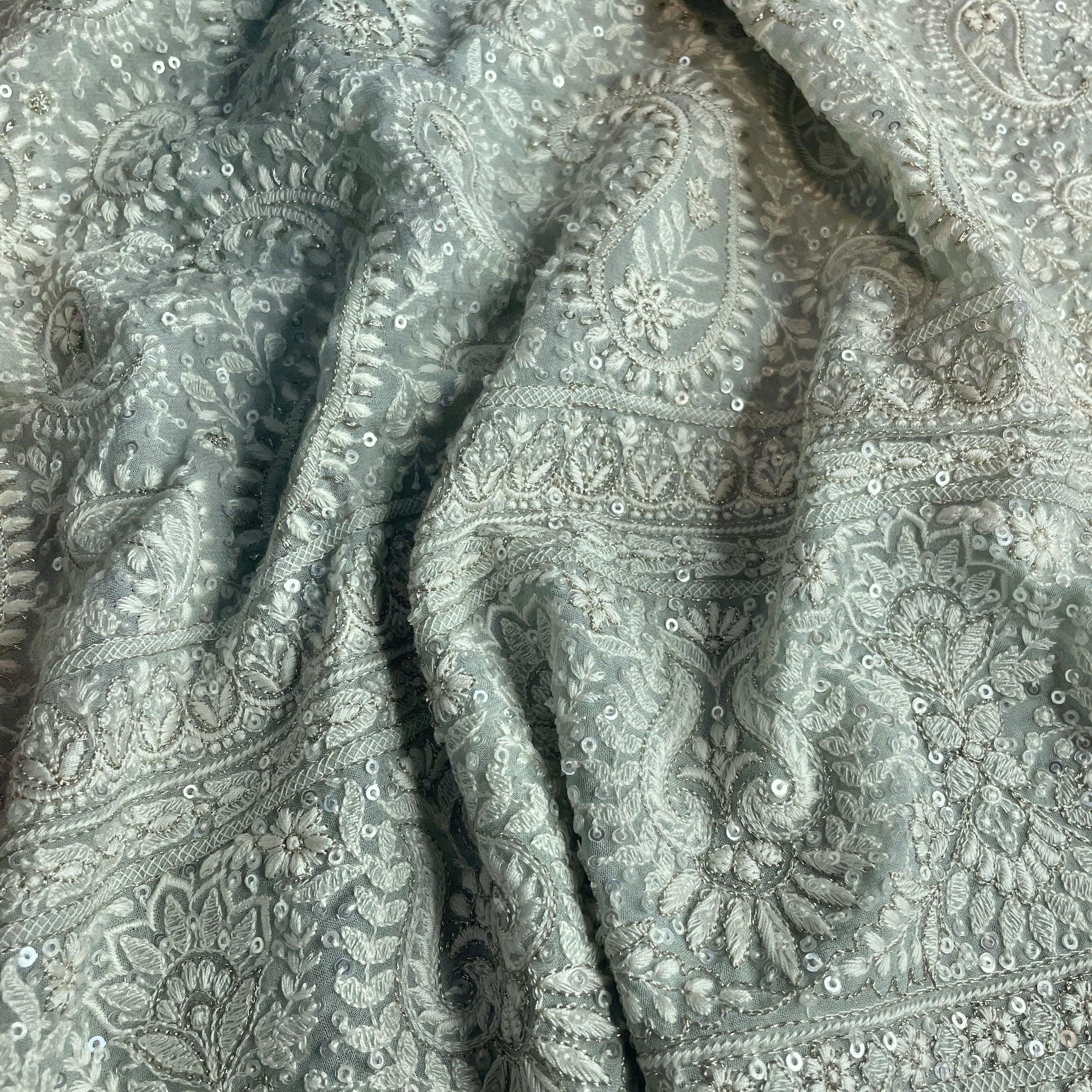 Premium  Sage Green Heavy Paisley Sequence Embroidery Georgette Chikankari Fabric