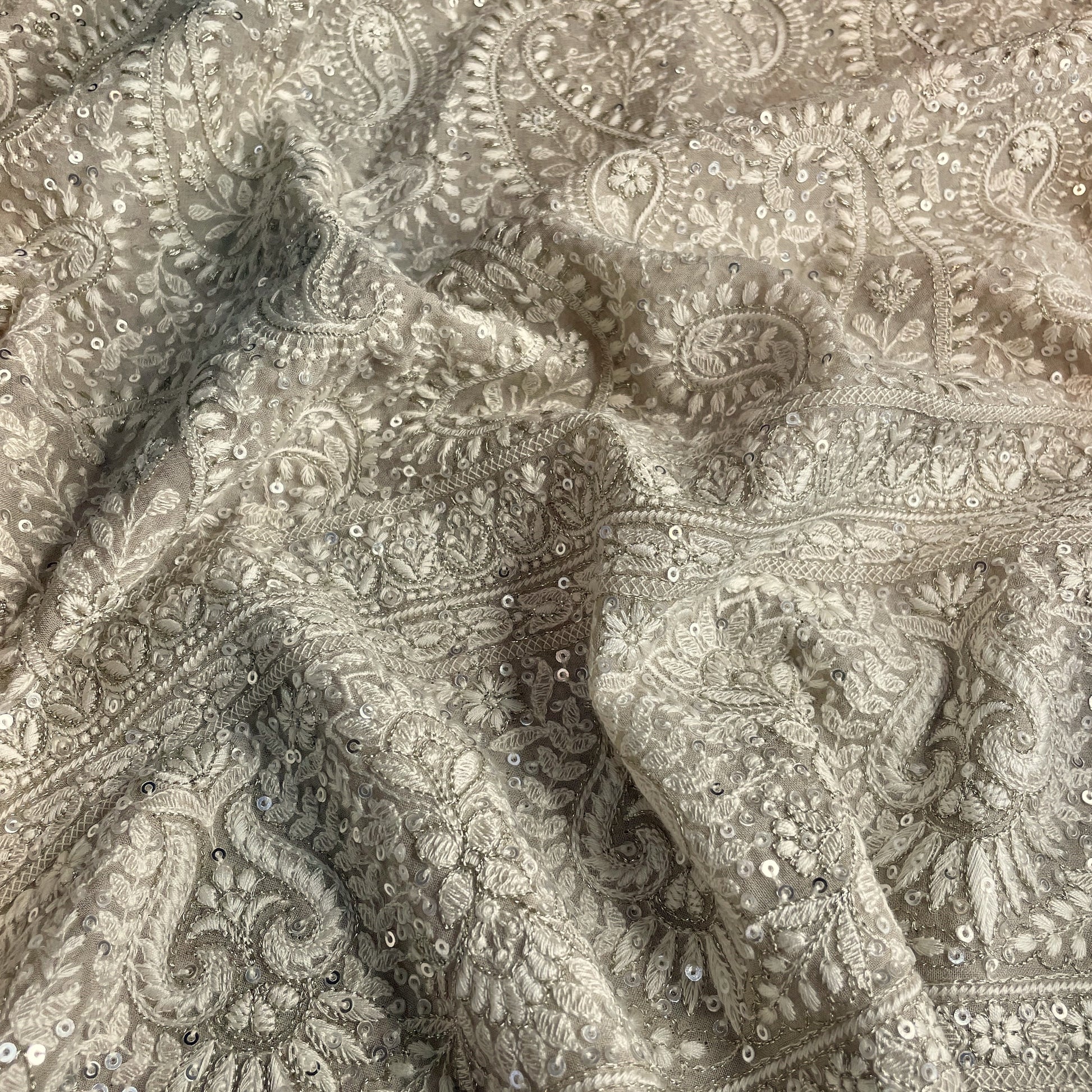 Premium  Dark Cream Heavy Paisley Sequence Embroidery Georgette Chikankari Fabric
