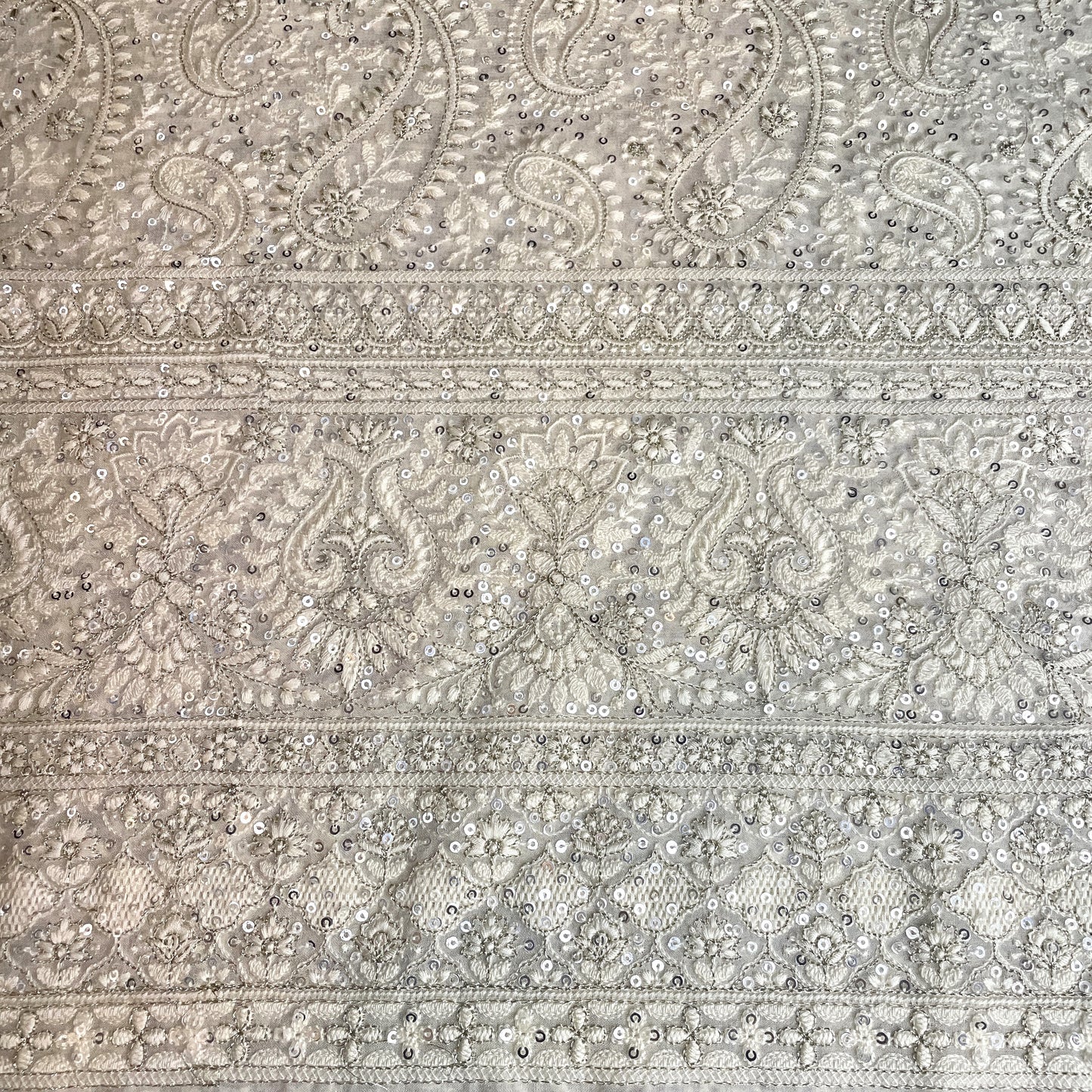 Premium  OffWhite Heavy Paisley Sequence Embroidery Georgette Chikankari Fabric
