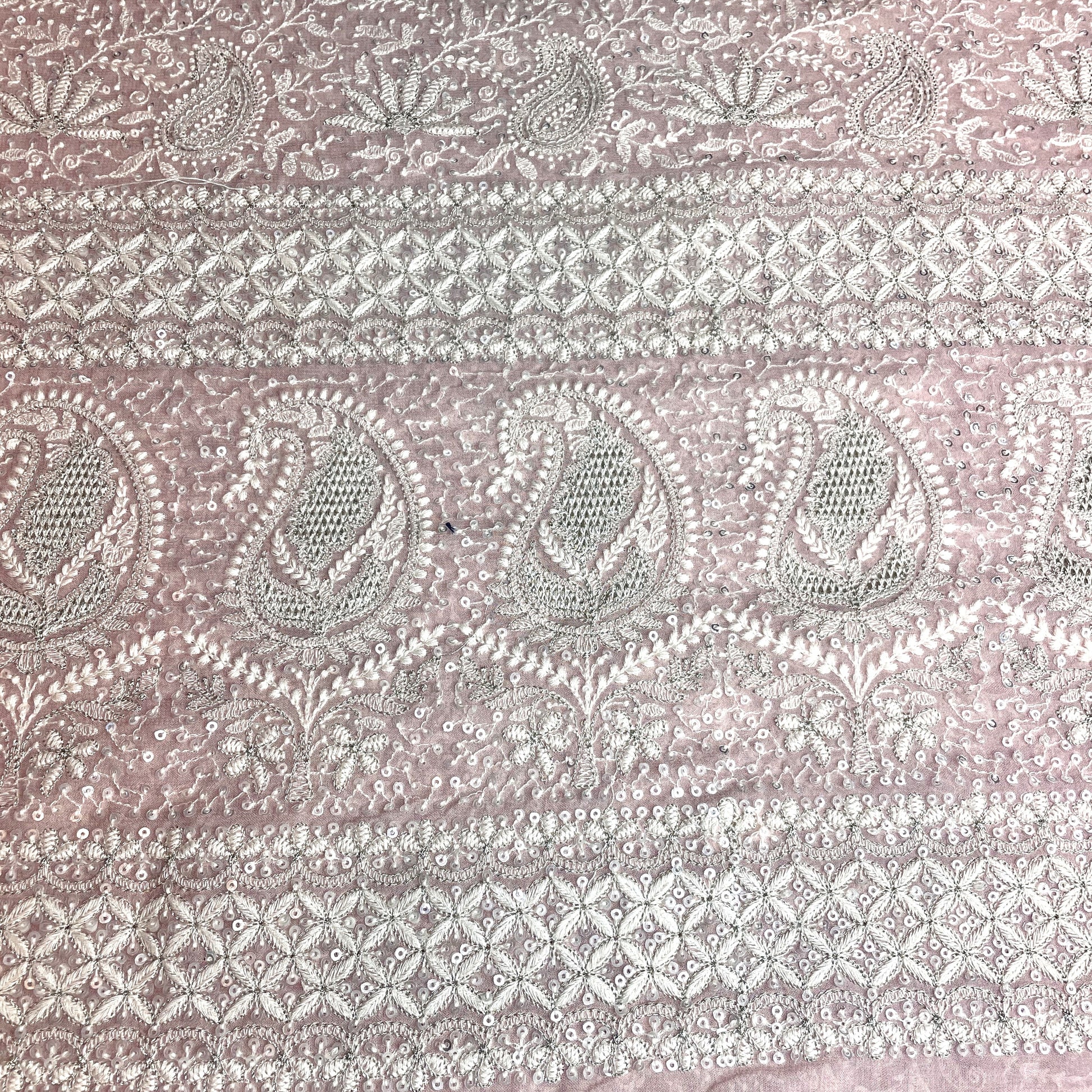 Premium  Pink Floral Paisley Sequence Embroidery Georgette Chikankari Fabric