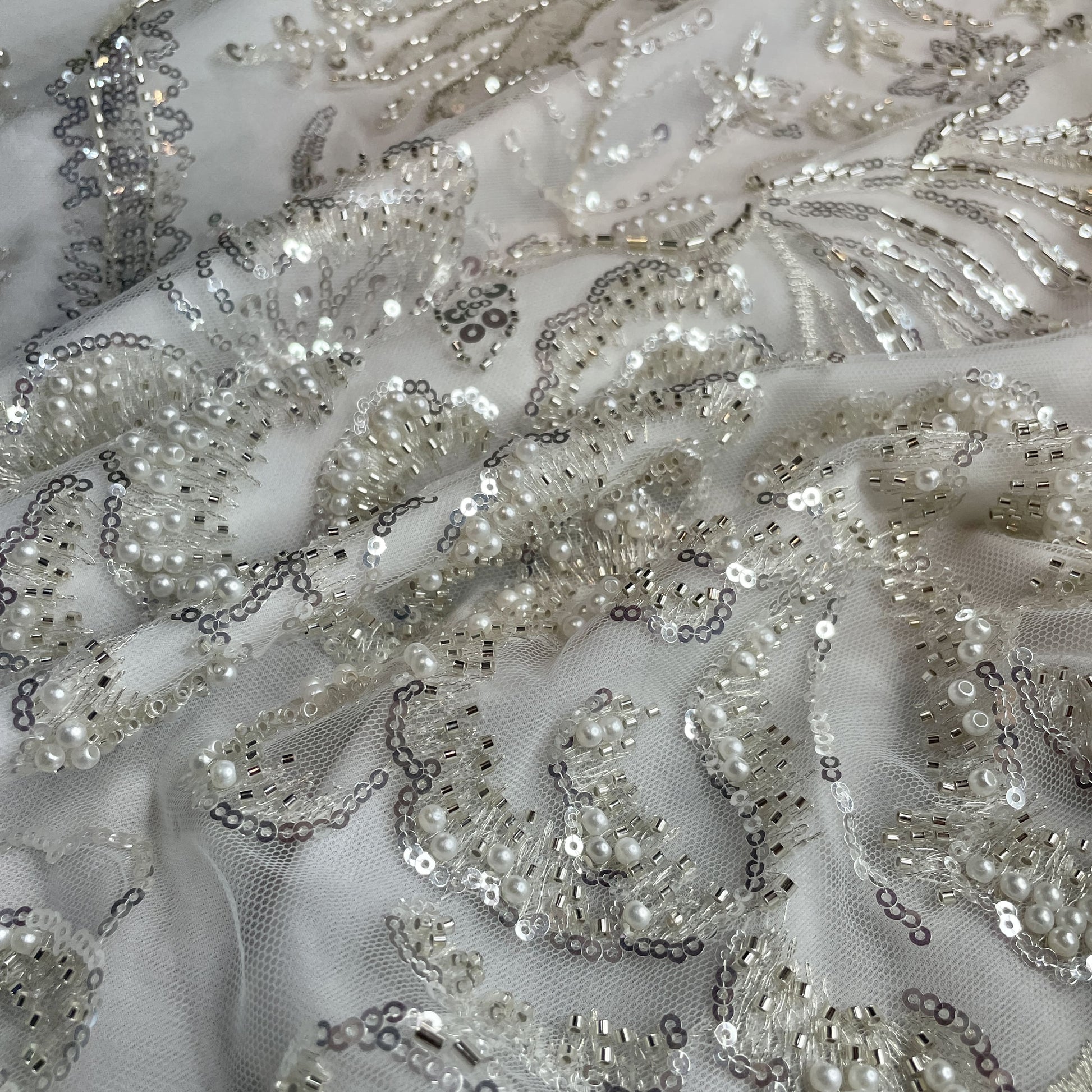 Premium White Pearl Cut Dana Heavy Sequins Handcrafted Embroidery Net Fabric