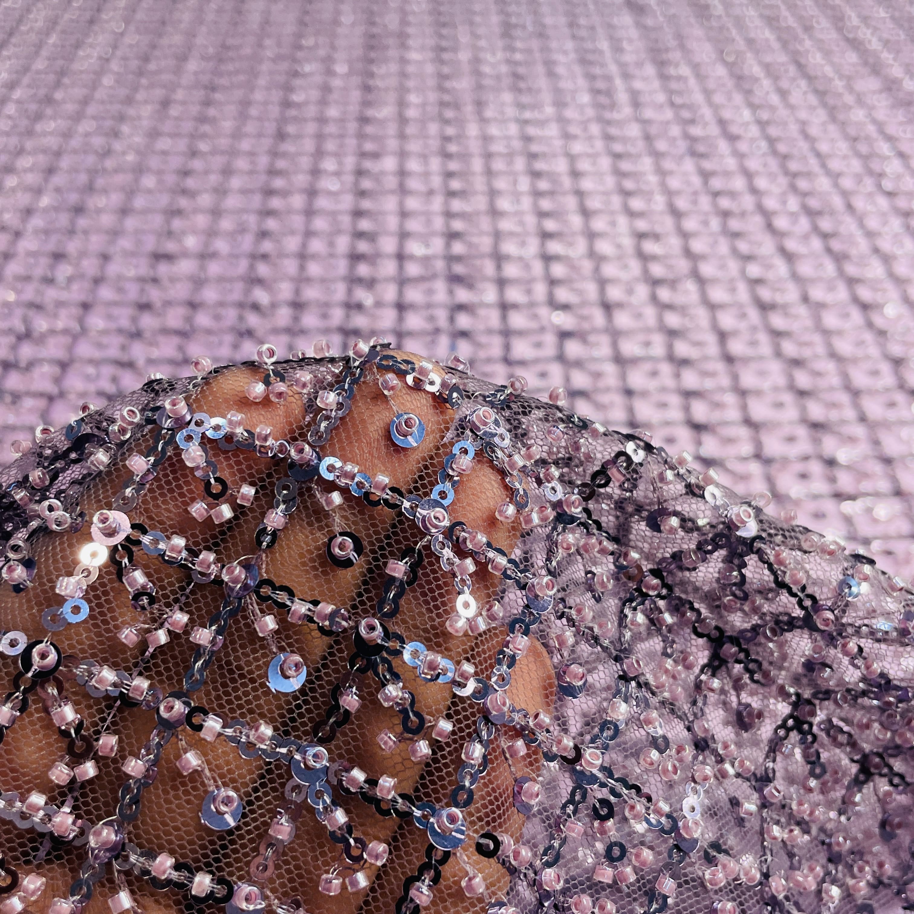 Premium Eggplant Purple Heavy Sequins CutDana Embroidery Net Fabric