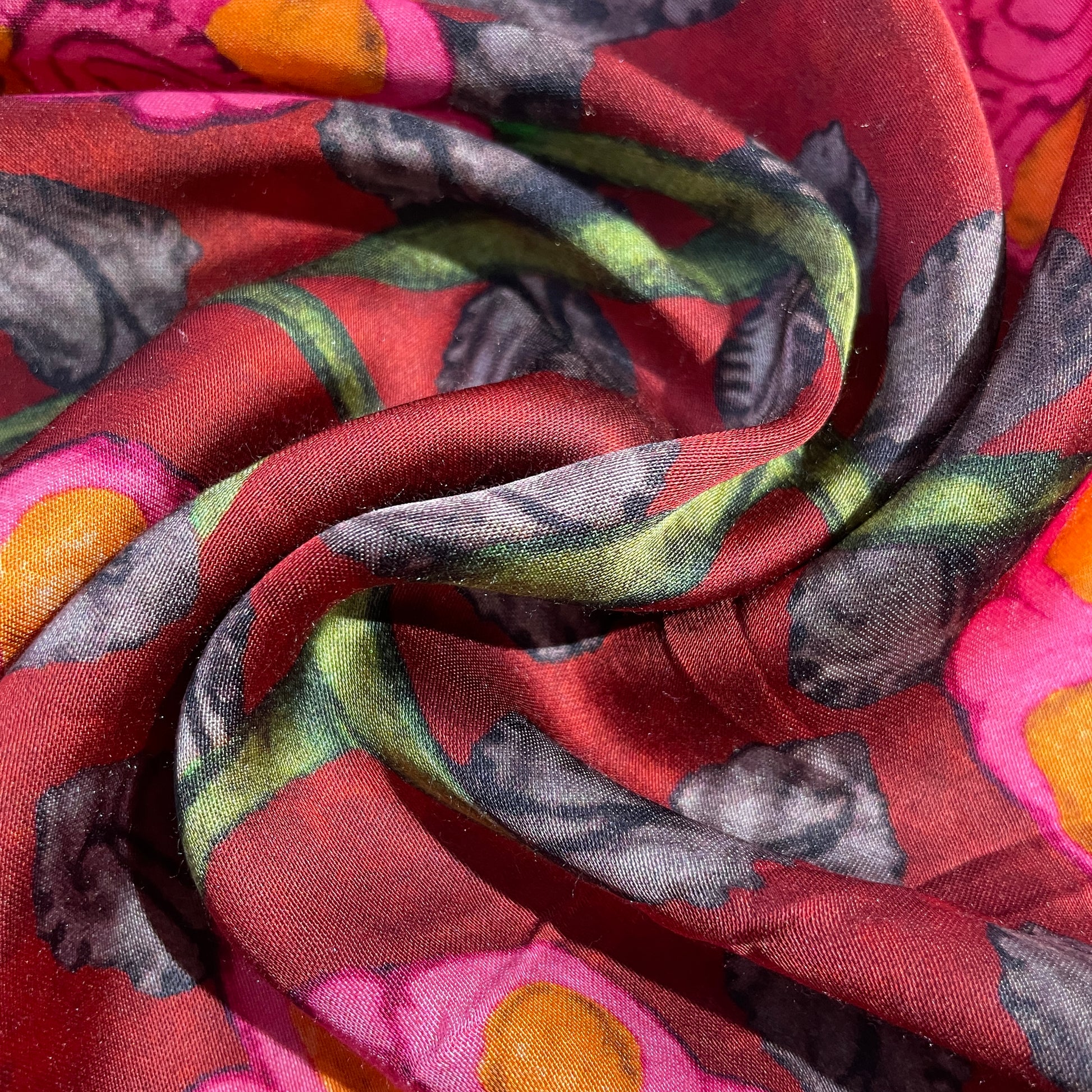 Maroon Floral Print Modal Satin Fabric 19953