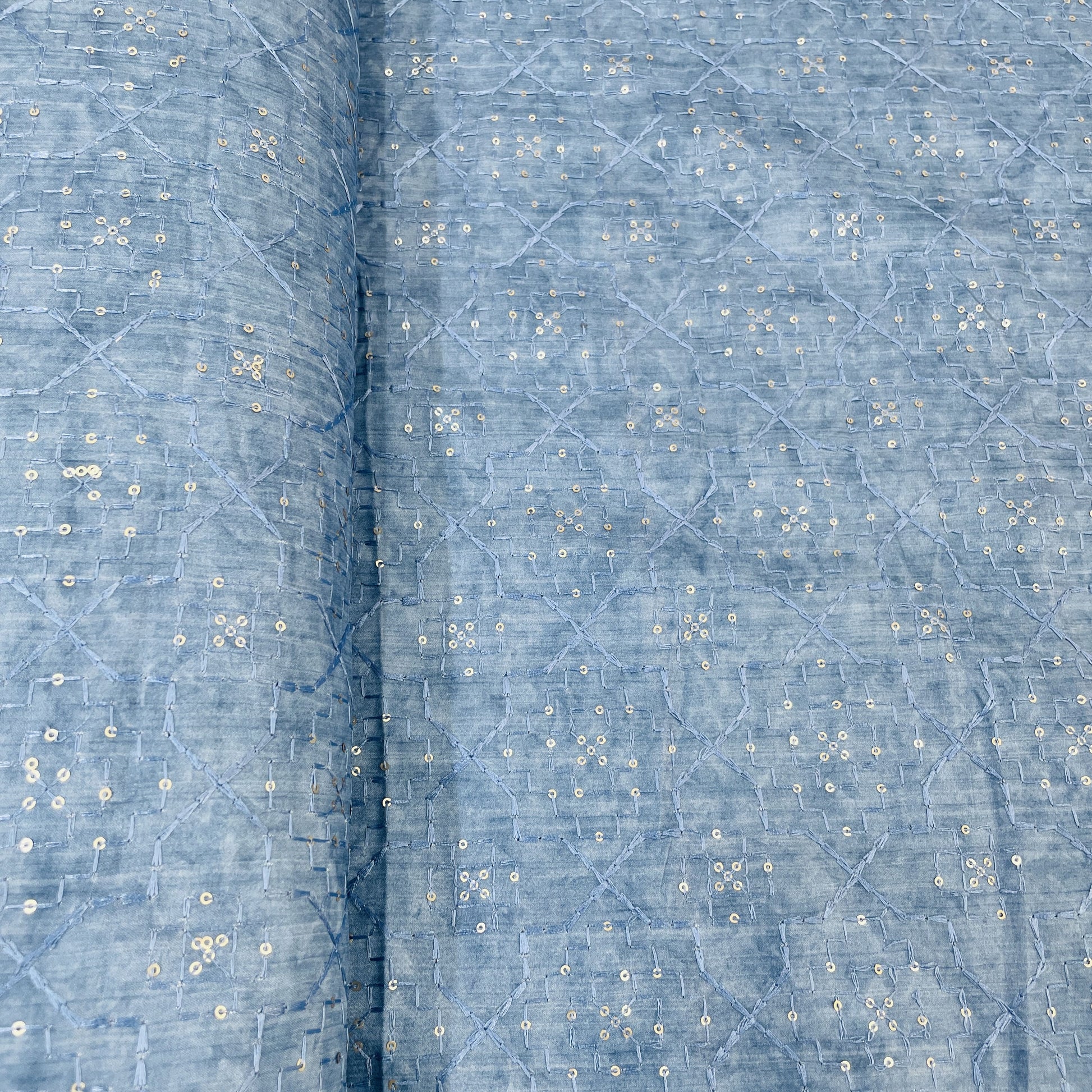 Exclusive Blue Geometrical Chikankari Work Russian Silk Fabric