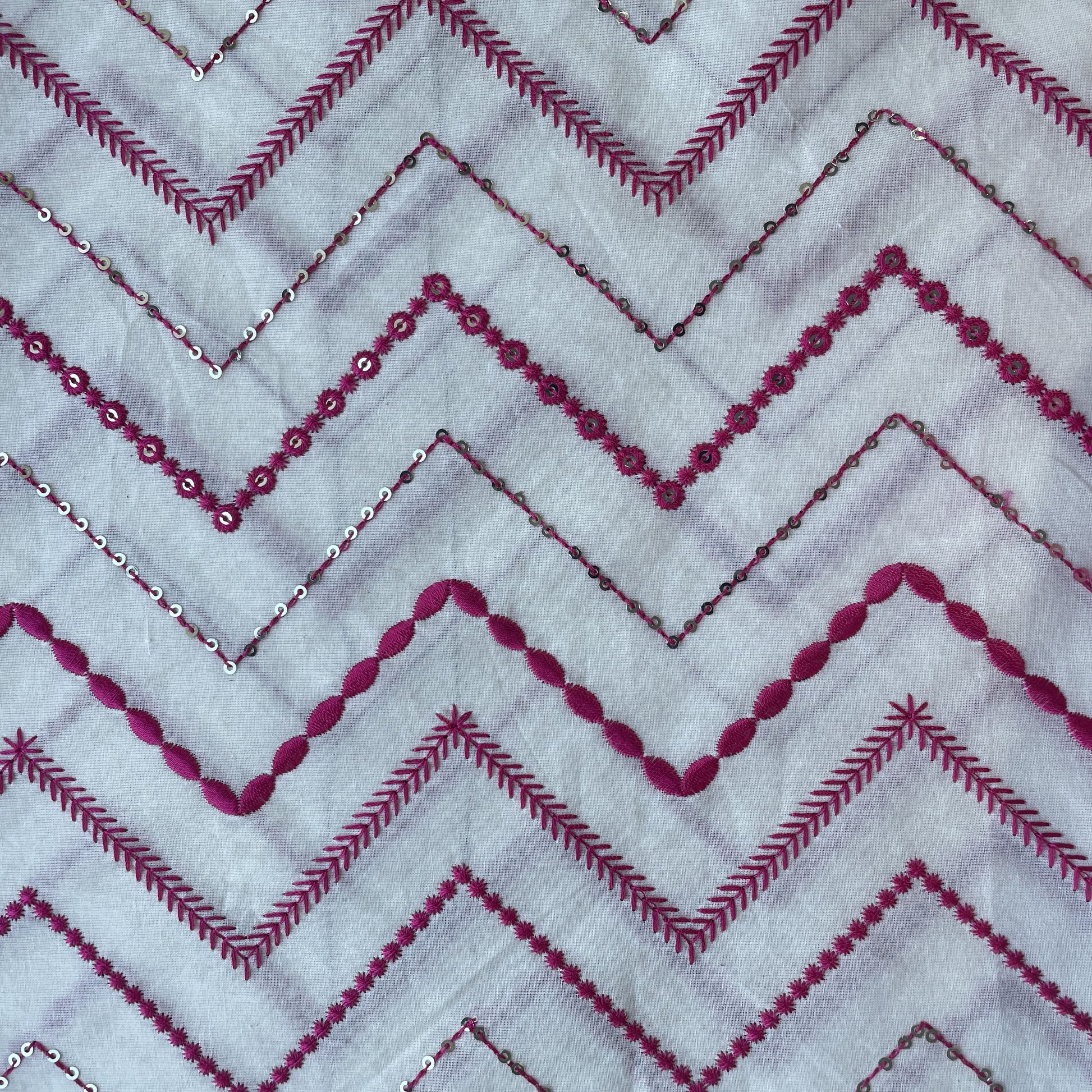 Griege & Pink Chevron Sequence Thread Embroidery Cotton Fabric 9505