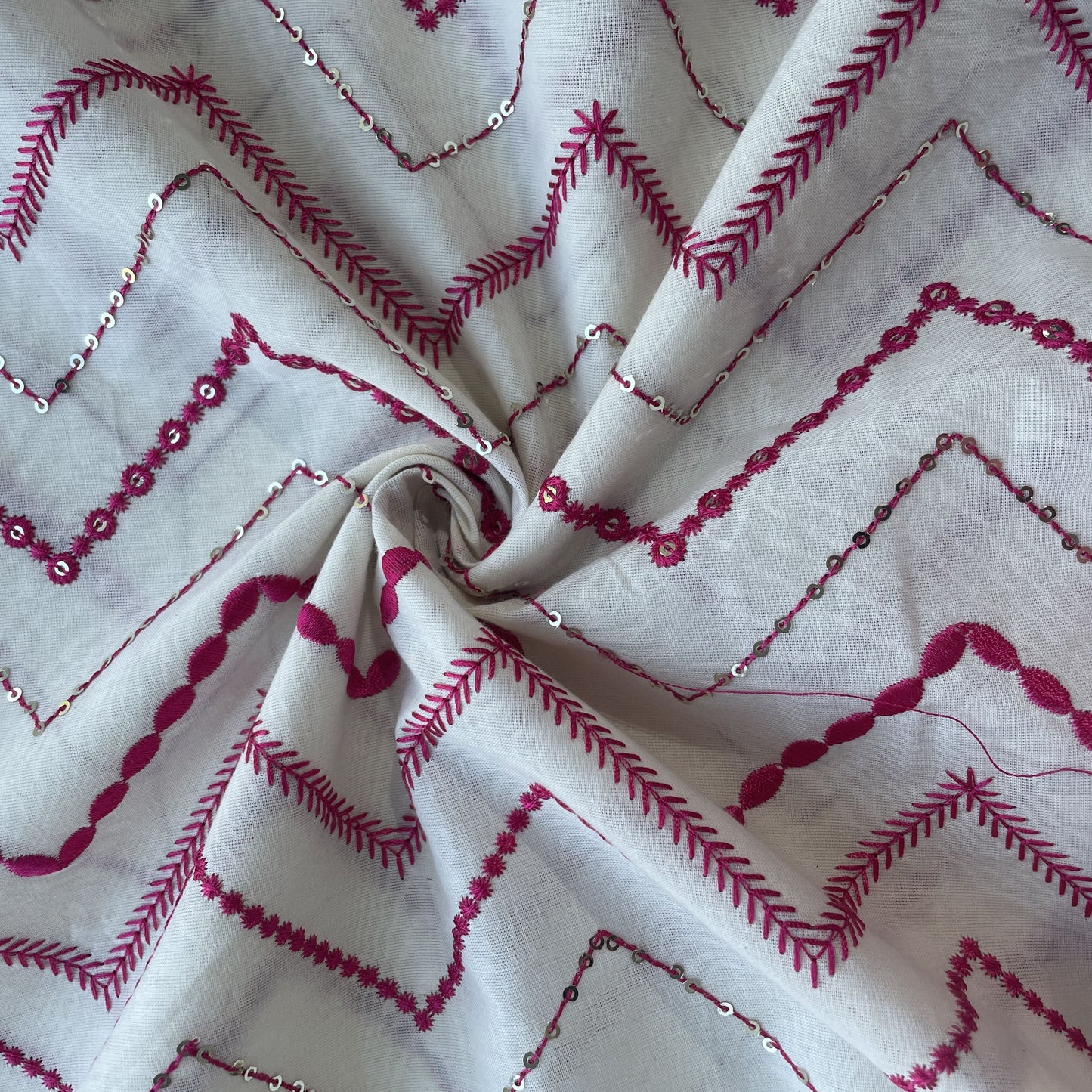 Griege & Pink Chevron Sequence Thread Embroidery Cotton Fabric 9505