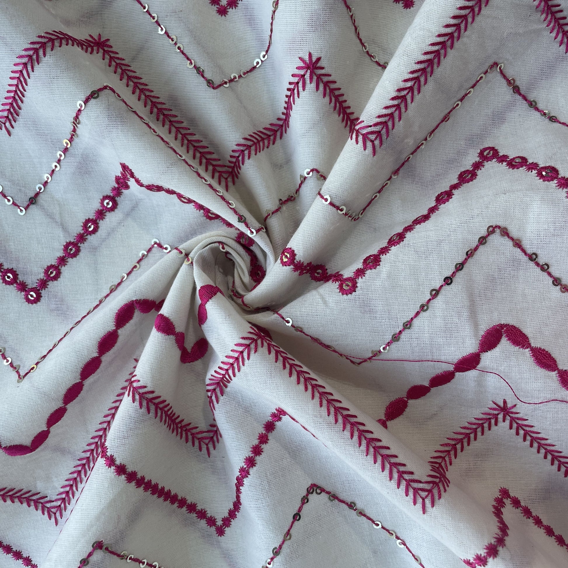 Griege & Pink Chevron Sequence Thread Embroidery Cotton Fabric 9505