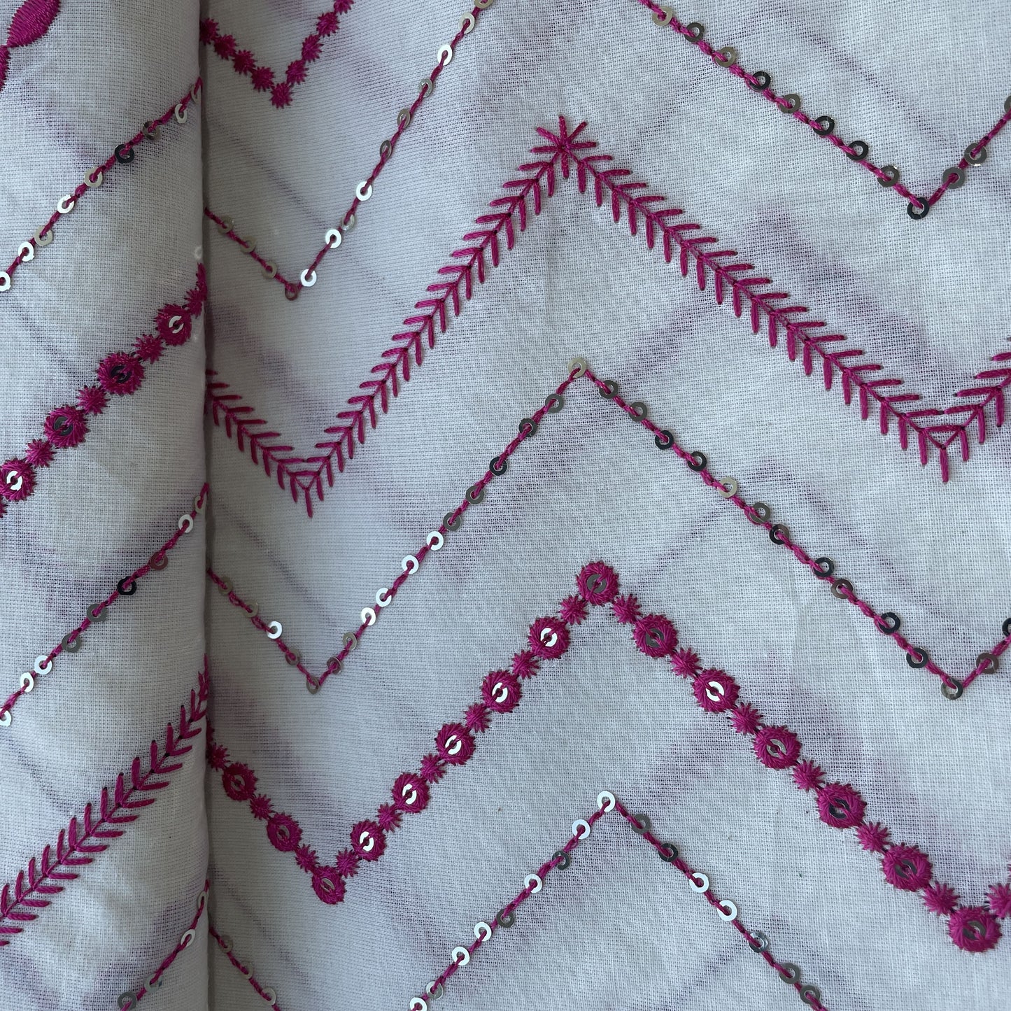 Griege & Pink Chevron Sequence Thread Embroidery Cotton Fabric 9505