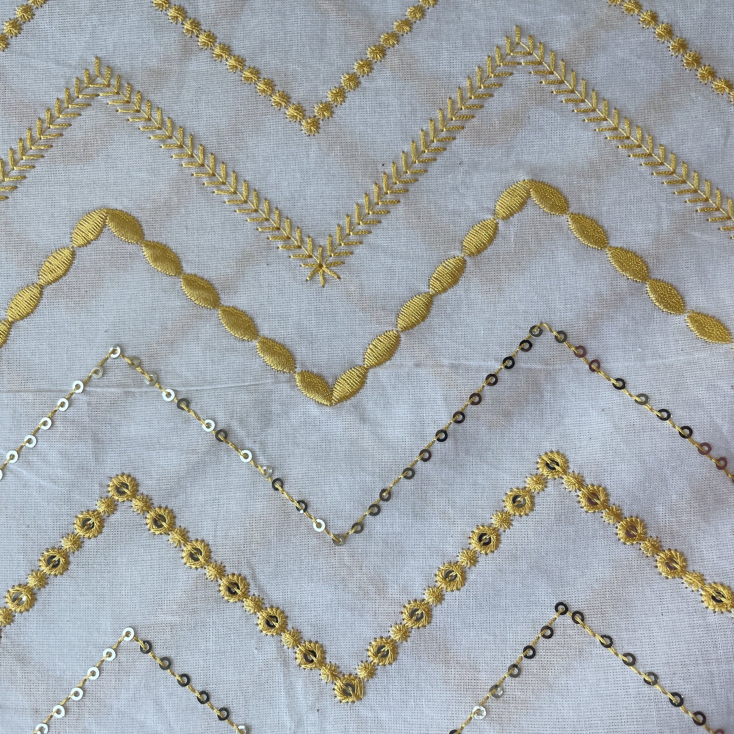 Griege & Yellow Chevron Sequence Thread Embroidery Cotton Fabric 9504