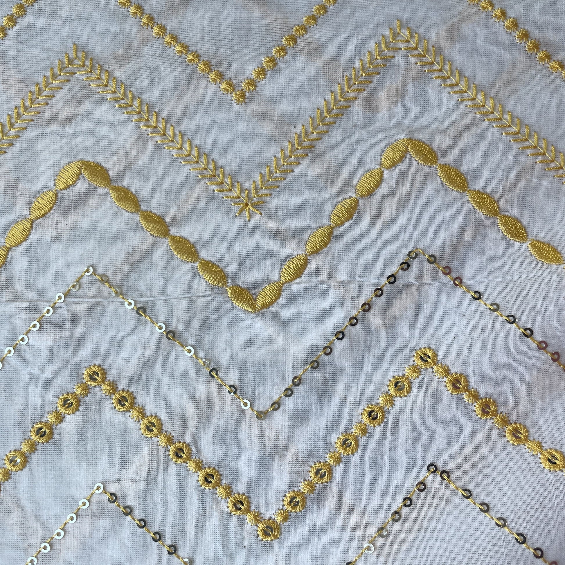 Griege & Yellow Chevron Sequence Thread Embroidery Cotton Fabric 9504