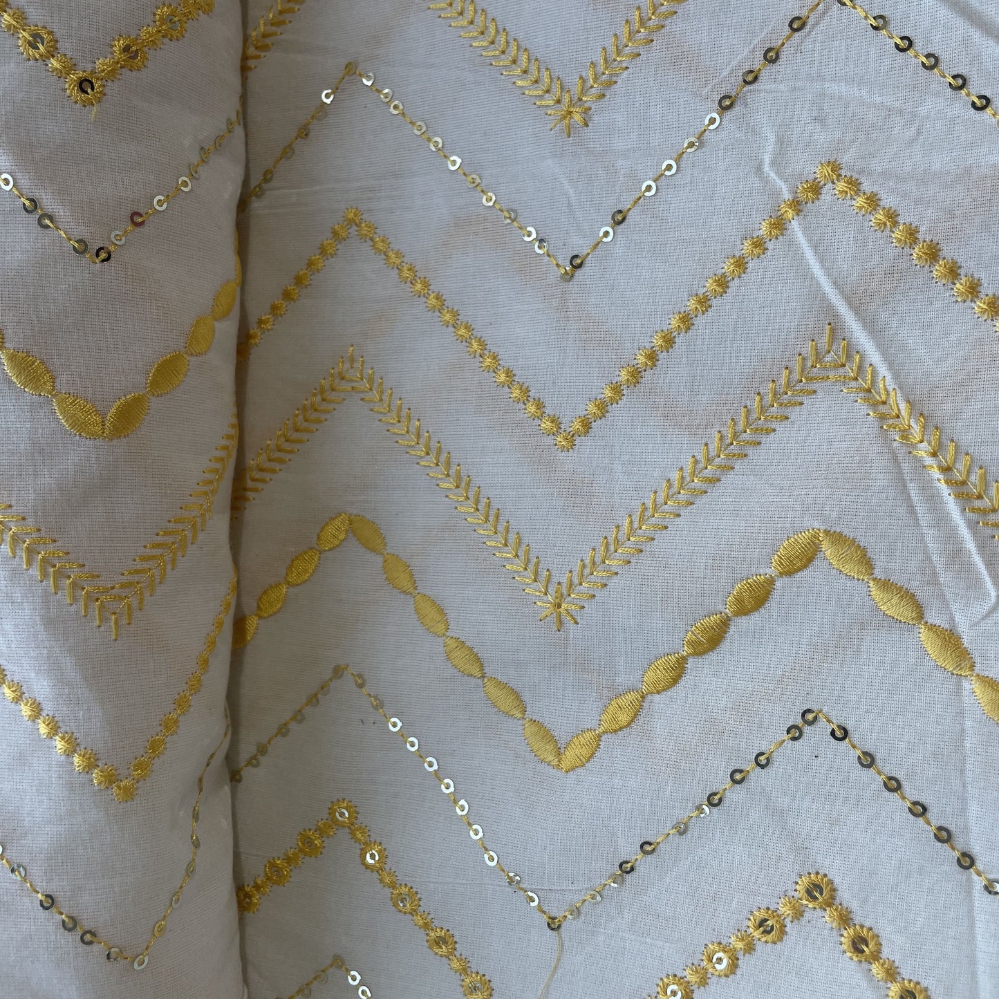 Griege & Yellow Chevron Sequence Thread Embroidery Cotton Fabric 9504