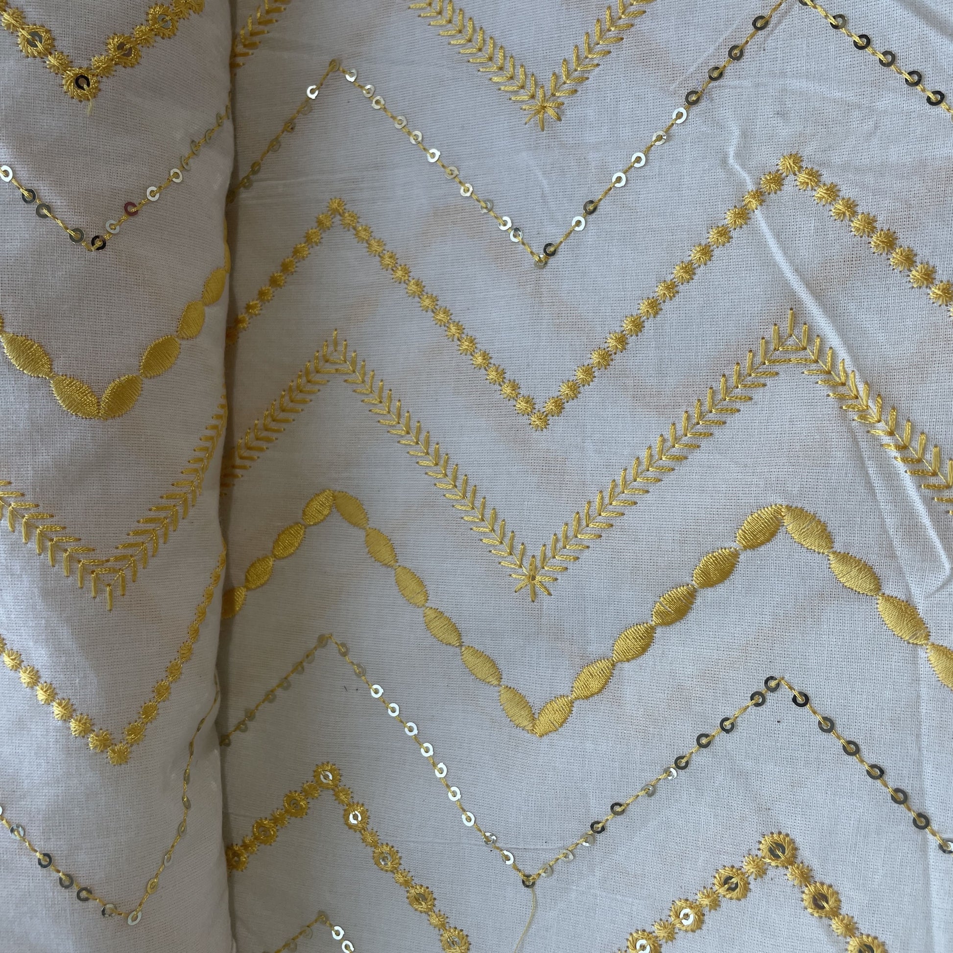 Griege & Yellow Chevron Sequence Thread Embroidery Cotton Fabric 9504